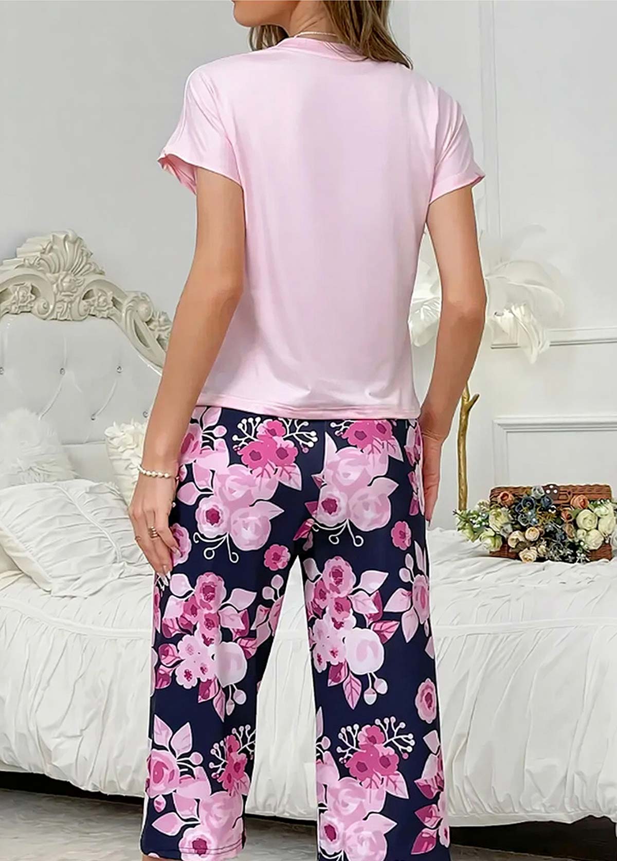 Pink Floral Print Short Sleeve Lounge Top and Pants | picture 