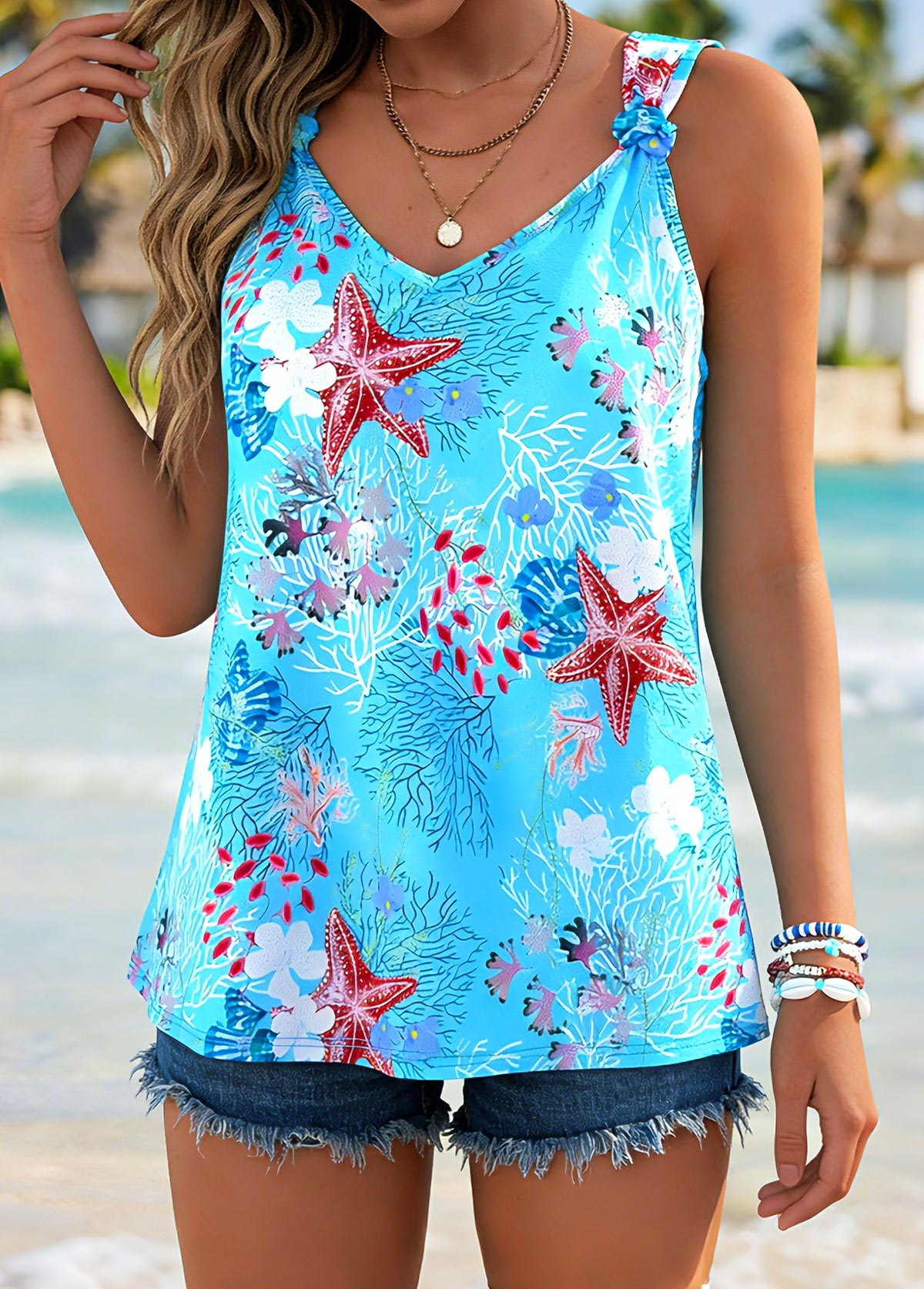 Cyan Tie Marine Life Print Strappy Tank Top | picture 