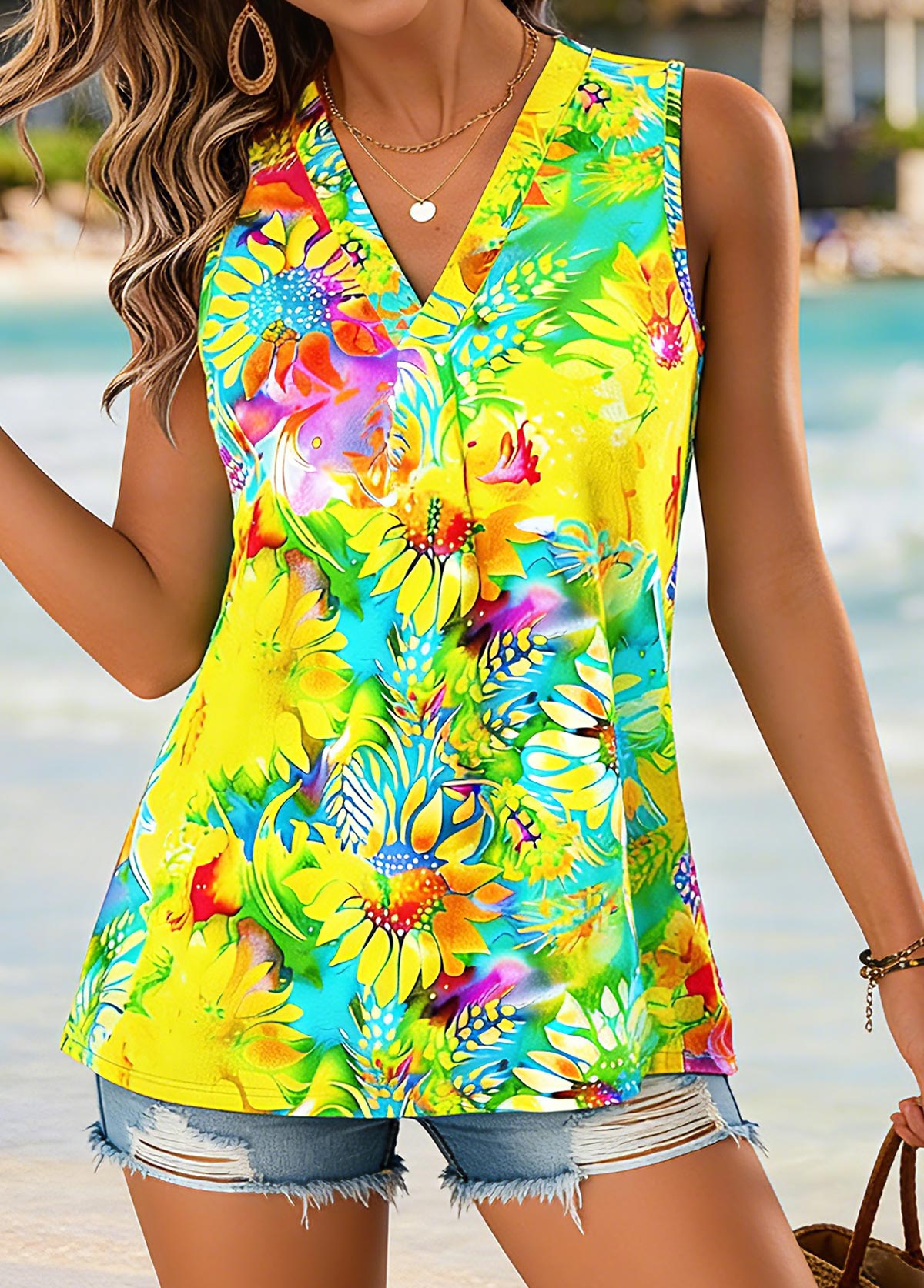 Yellow Floral Print Sleeveless V Neck Tank Top | picture 