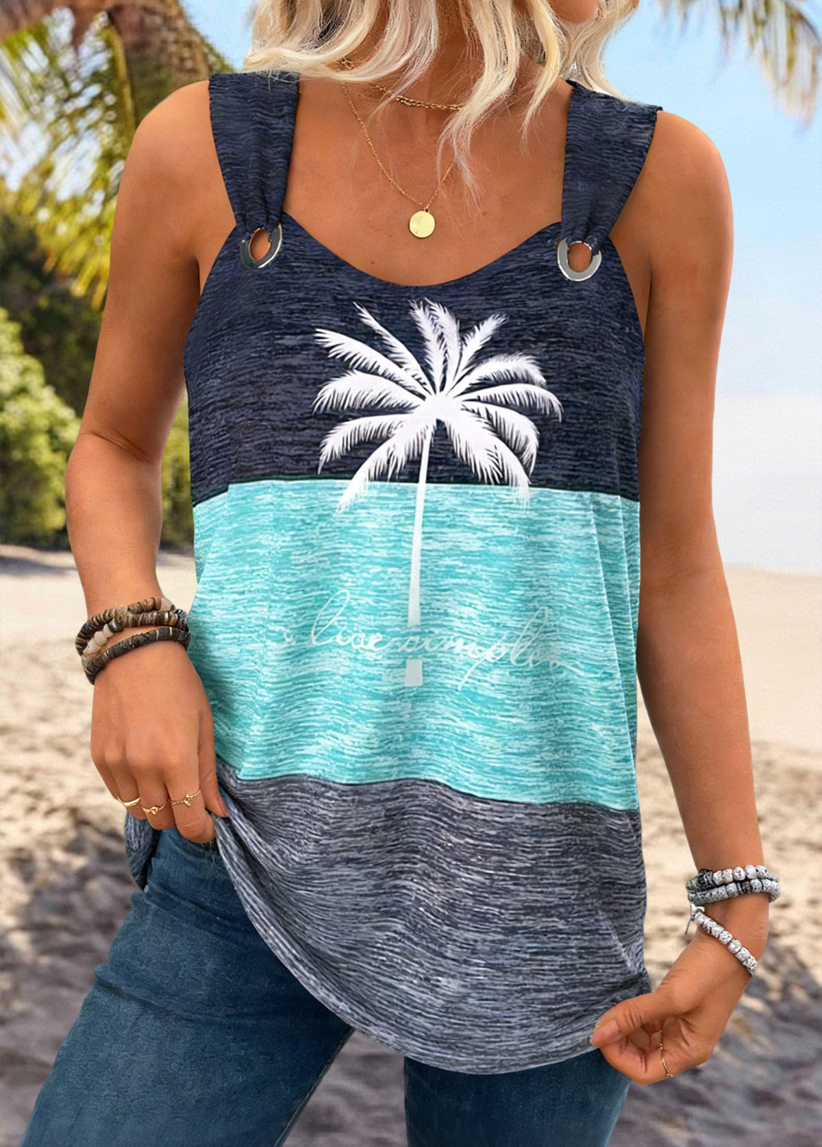 Cyan Tummy Coverage Tropical Plants Print Sleeveless Tank Top | picture 