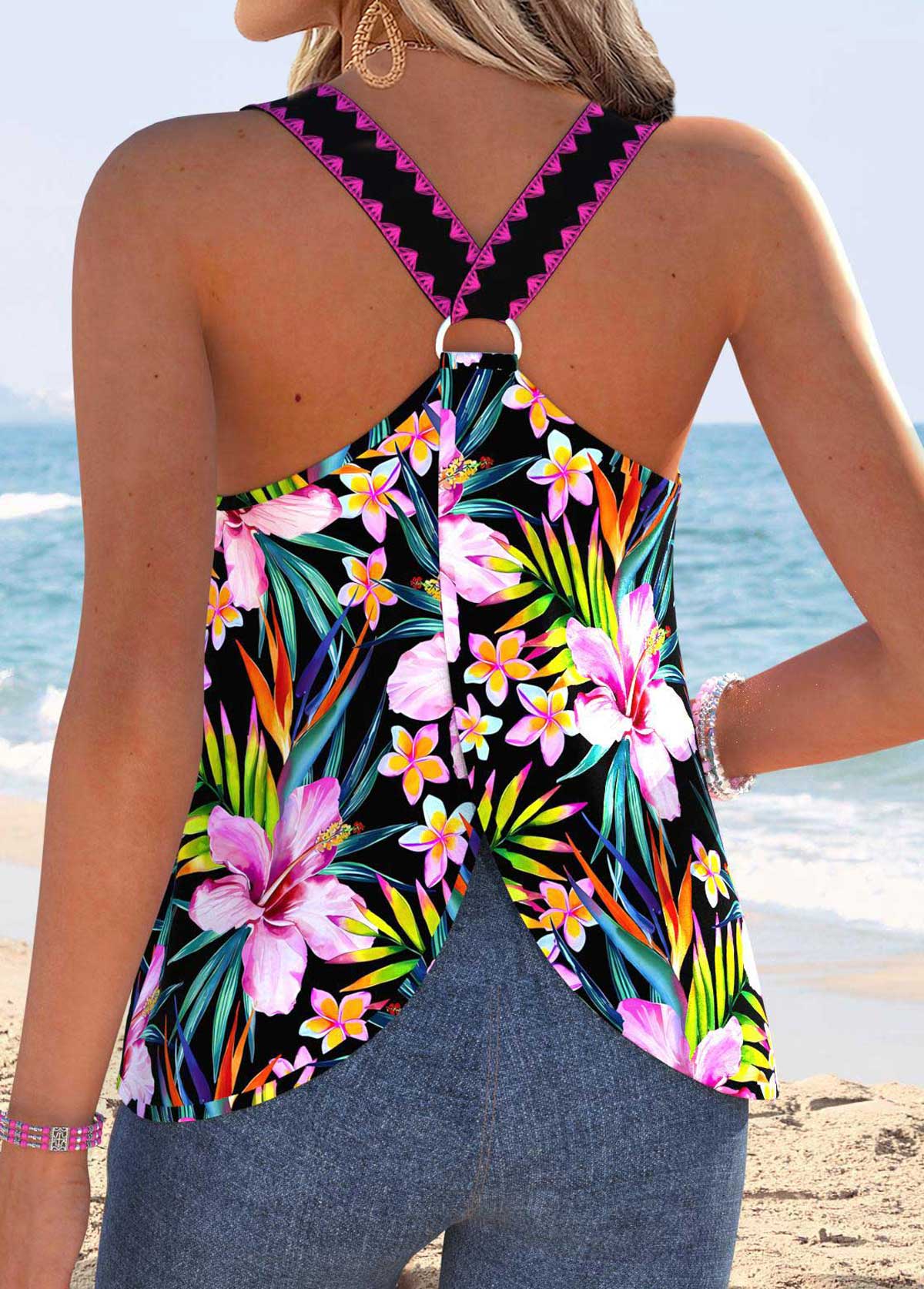Multi Color Tummy Coverage Floral Print Strappy Tank Top | picture 