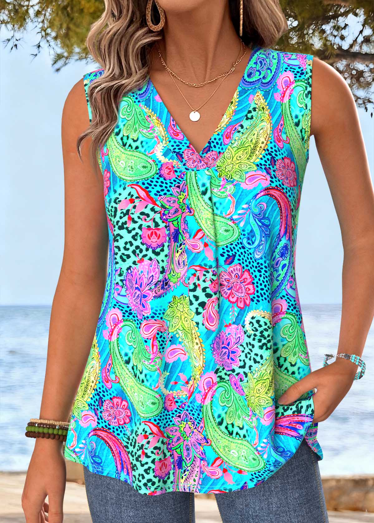 Blue Tummy Coverage Paisley Print Sleeveless Tank Top | picture 