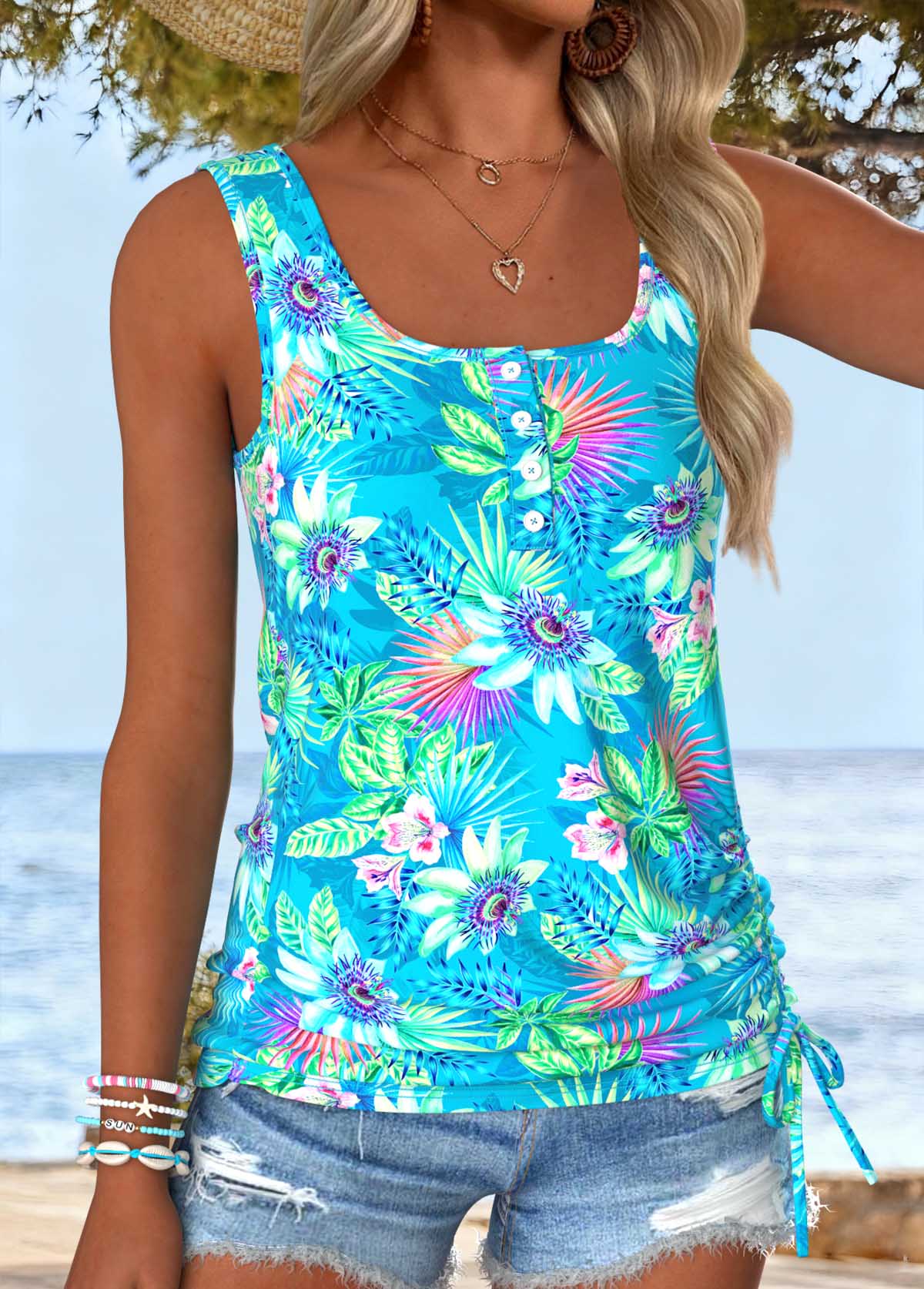 Cyan Tummy Coverage Floral Print Sleeveless Tank Top | picture 