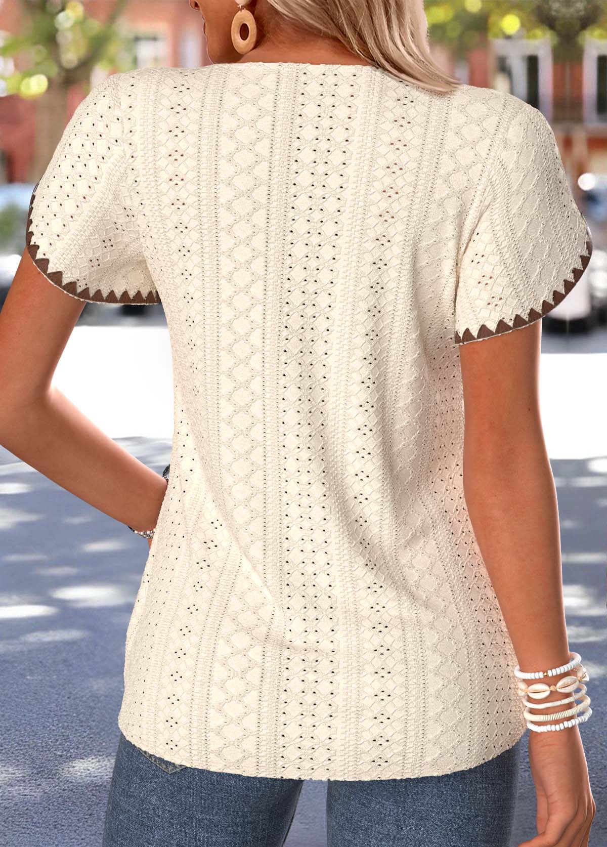 Beige Tummy Coverage Short Sleeve Split Neck T Shirt | picture 