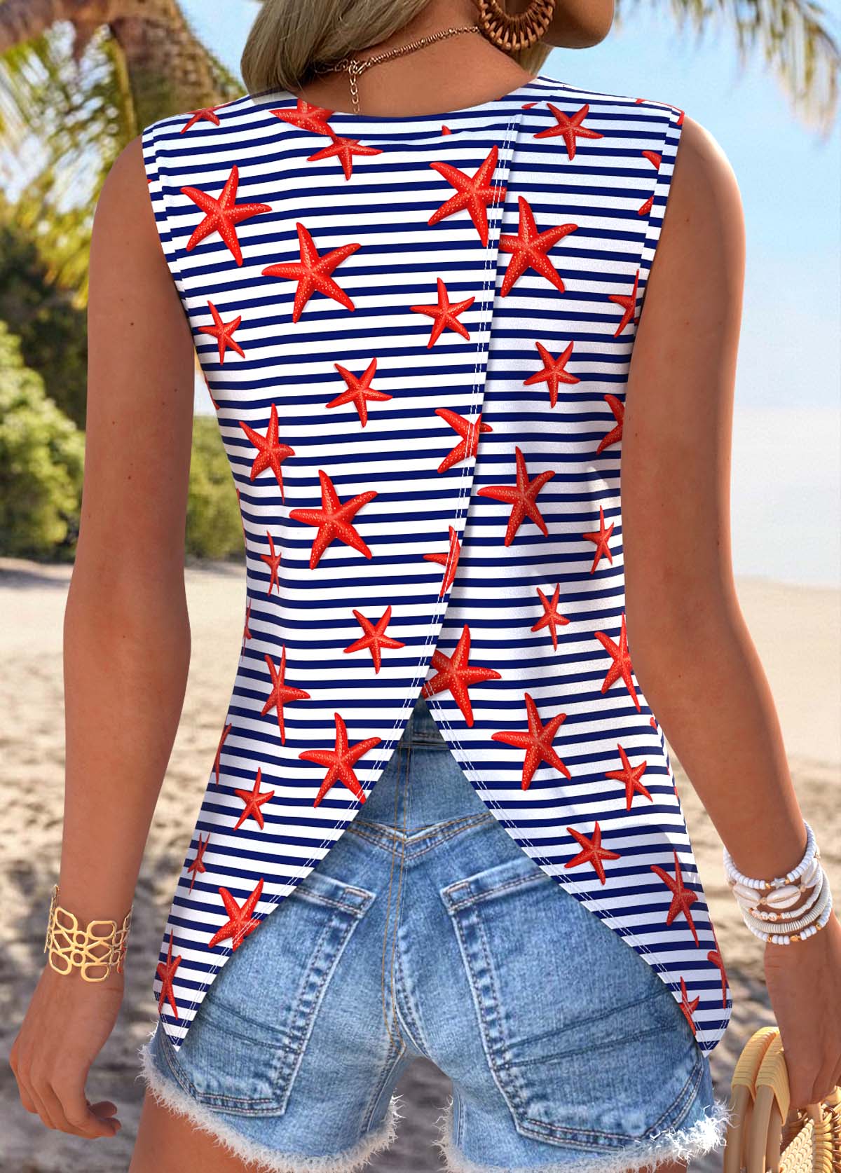 Blue Tummy Coverage Marine Life Print Sleeveless Tank Top | picture 