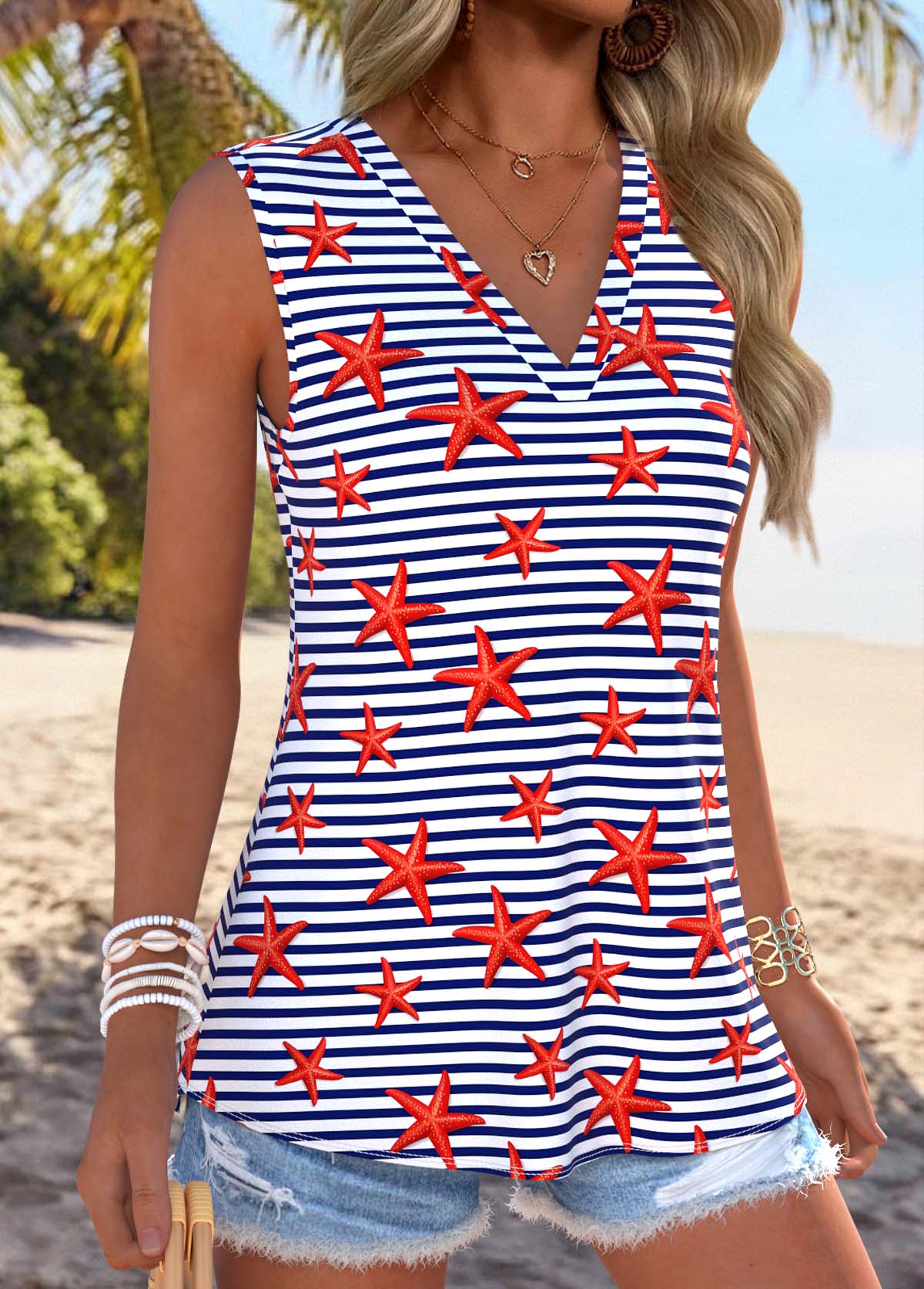 Blue Tummy Coverage Marine Life Print Sleeveless Tank Top | picture 