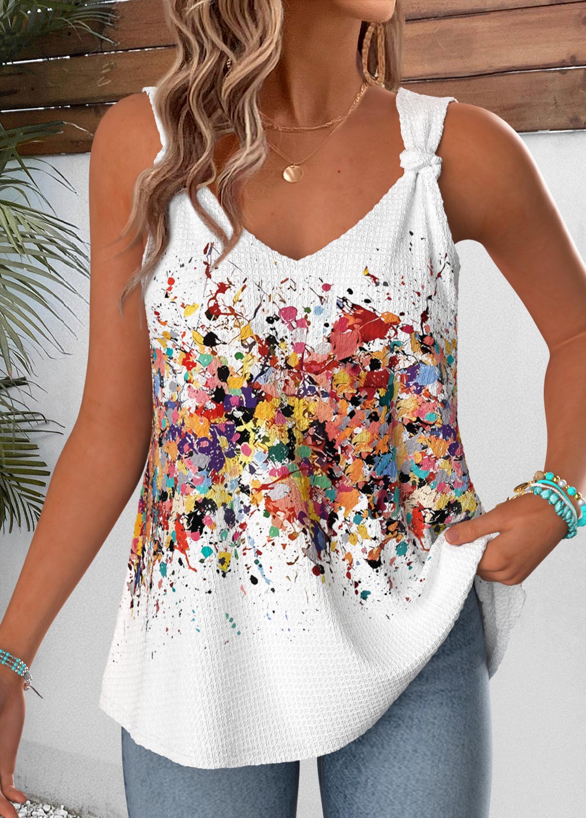Multi Color Tie Ombre Strappy V Neck Tank Top | picture 