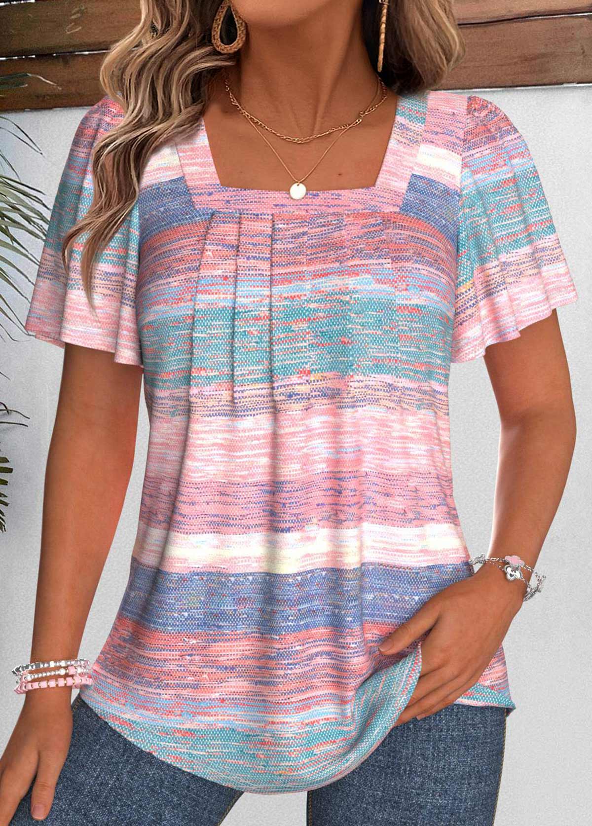 Multi Color Tummy Coverage Striped Short Sleeve T Shirt | picture 