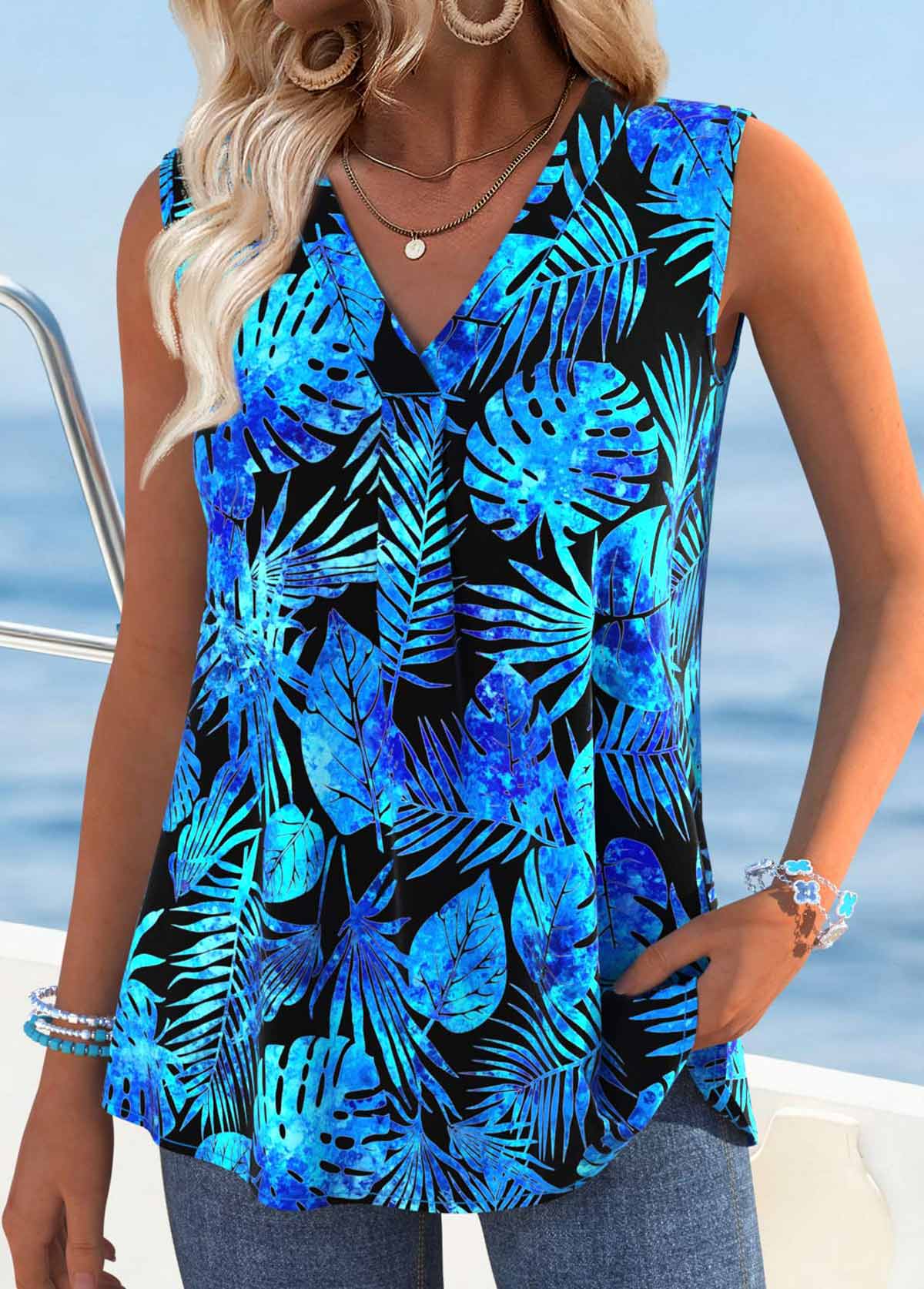 Multi Color Tummy Coverage Tropical Plants Print Tank Top | picture 