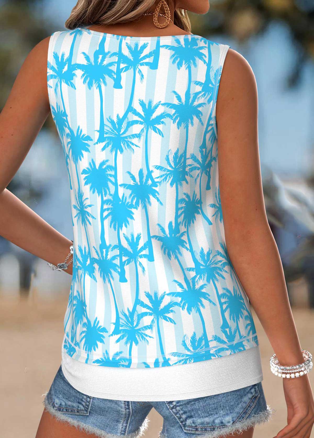 Light Blue Tummy Coverage Tropical Plants Print Tank Top | picture 