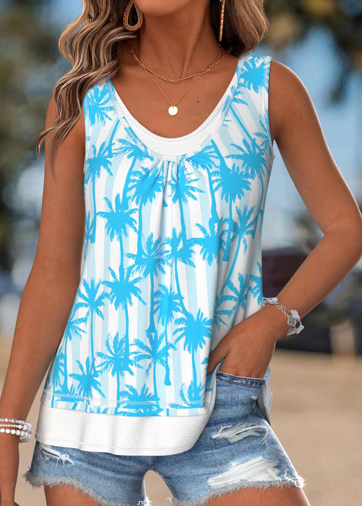 Light Blue Tummy Coverage Tropical Plants Print Tank Top | picture 