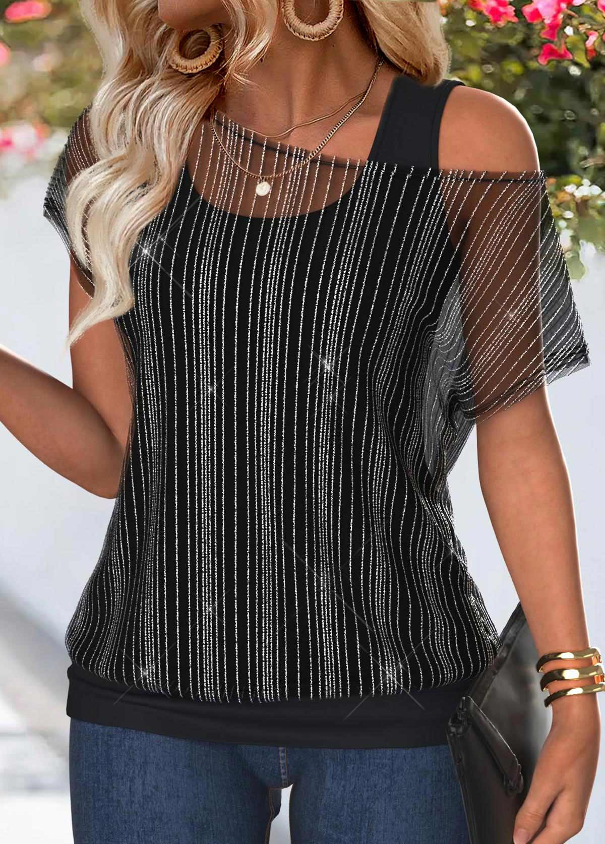 Black Tummy Coverage Short Sleeve One Shoulder T Shirt | picture 