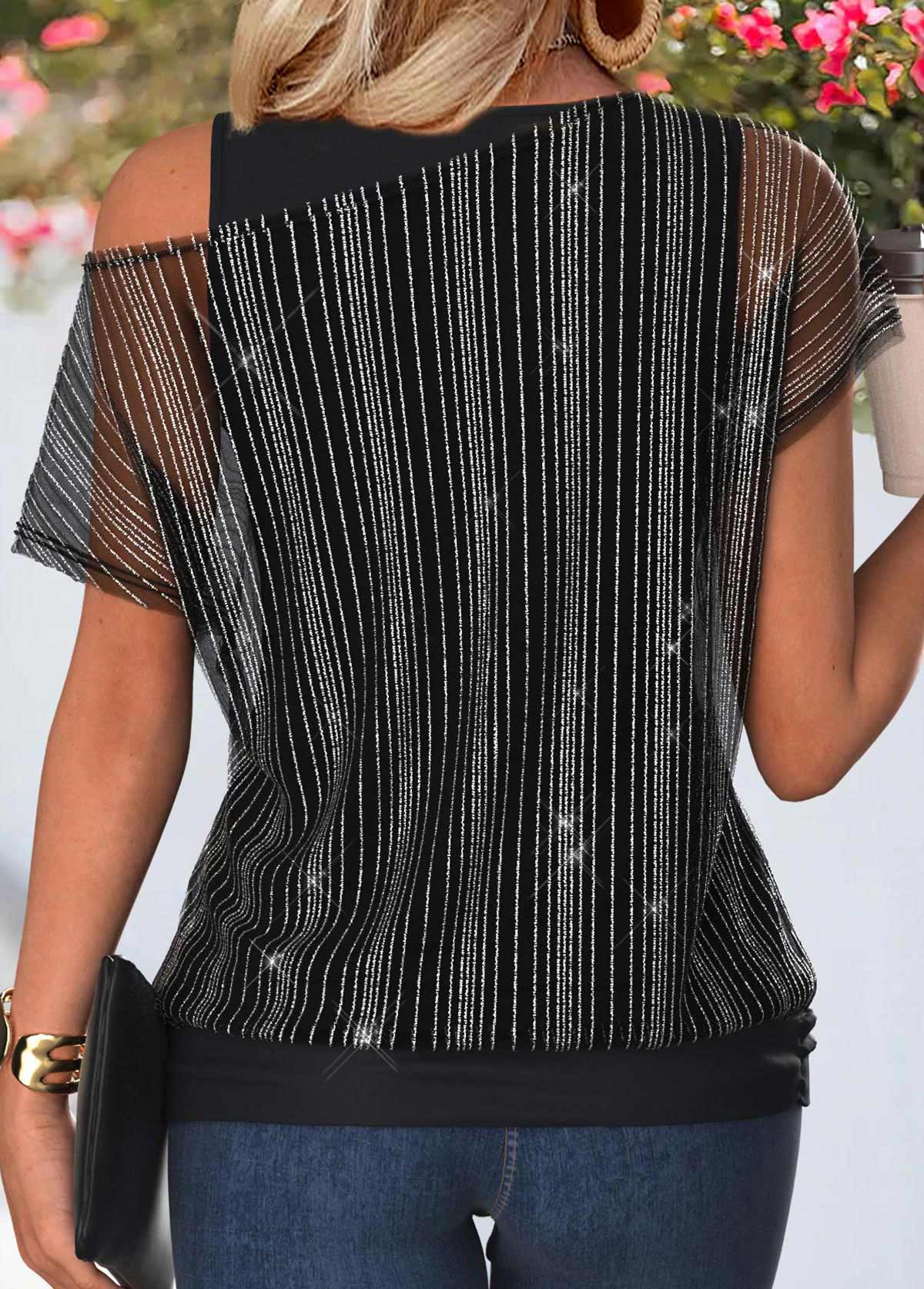 Black Tummy Coverage Short Sleeve One Shoulder T Shirt | picture 