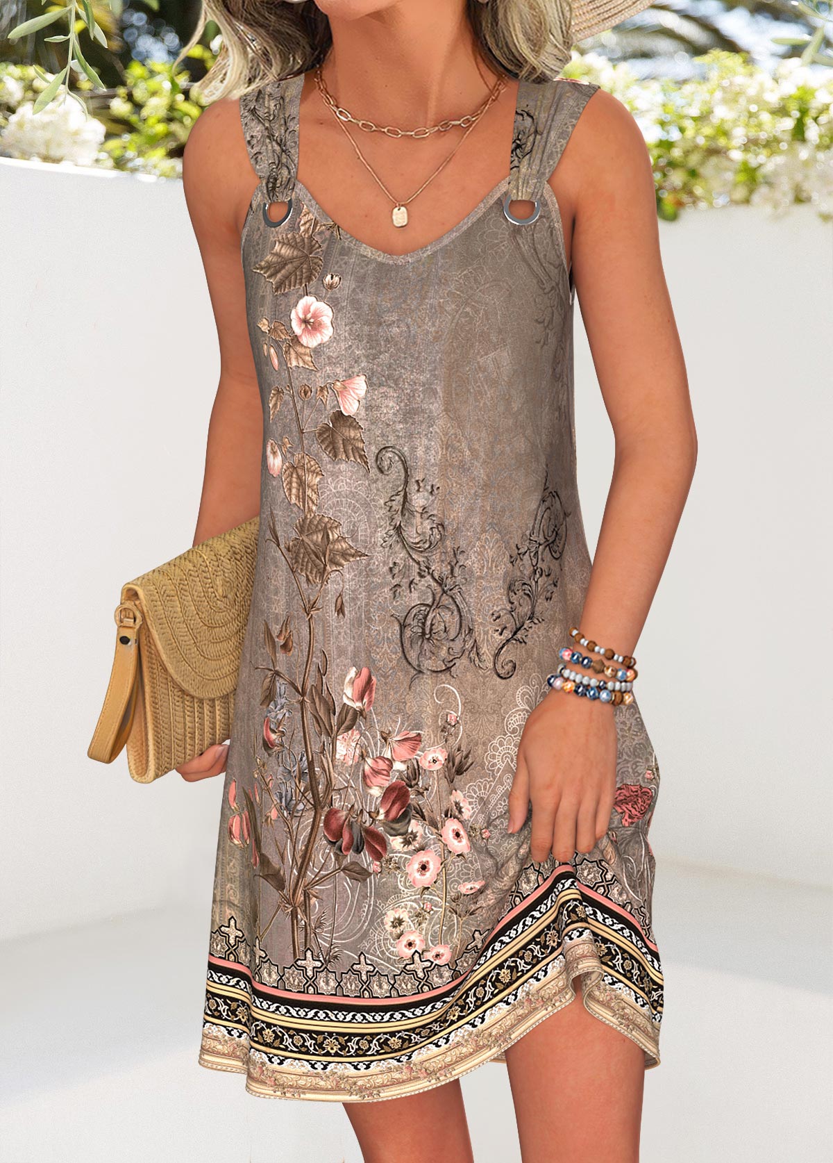Gray Brown Tummy Coverage Random Floral Print Short Dress | picture 