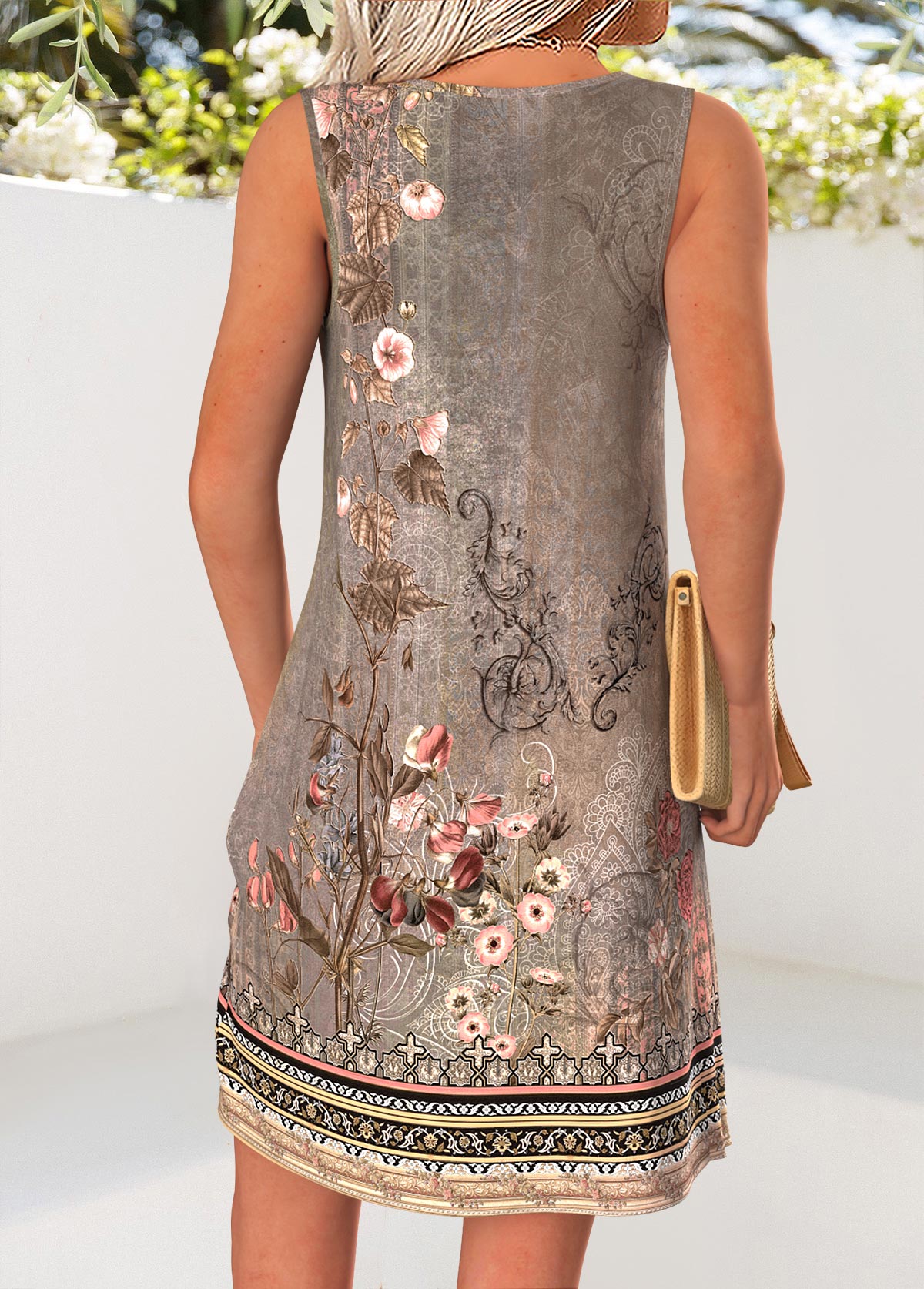 Gray Brown Tummy Coverage Random Floral Print Short Dress | picture 