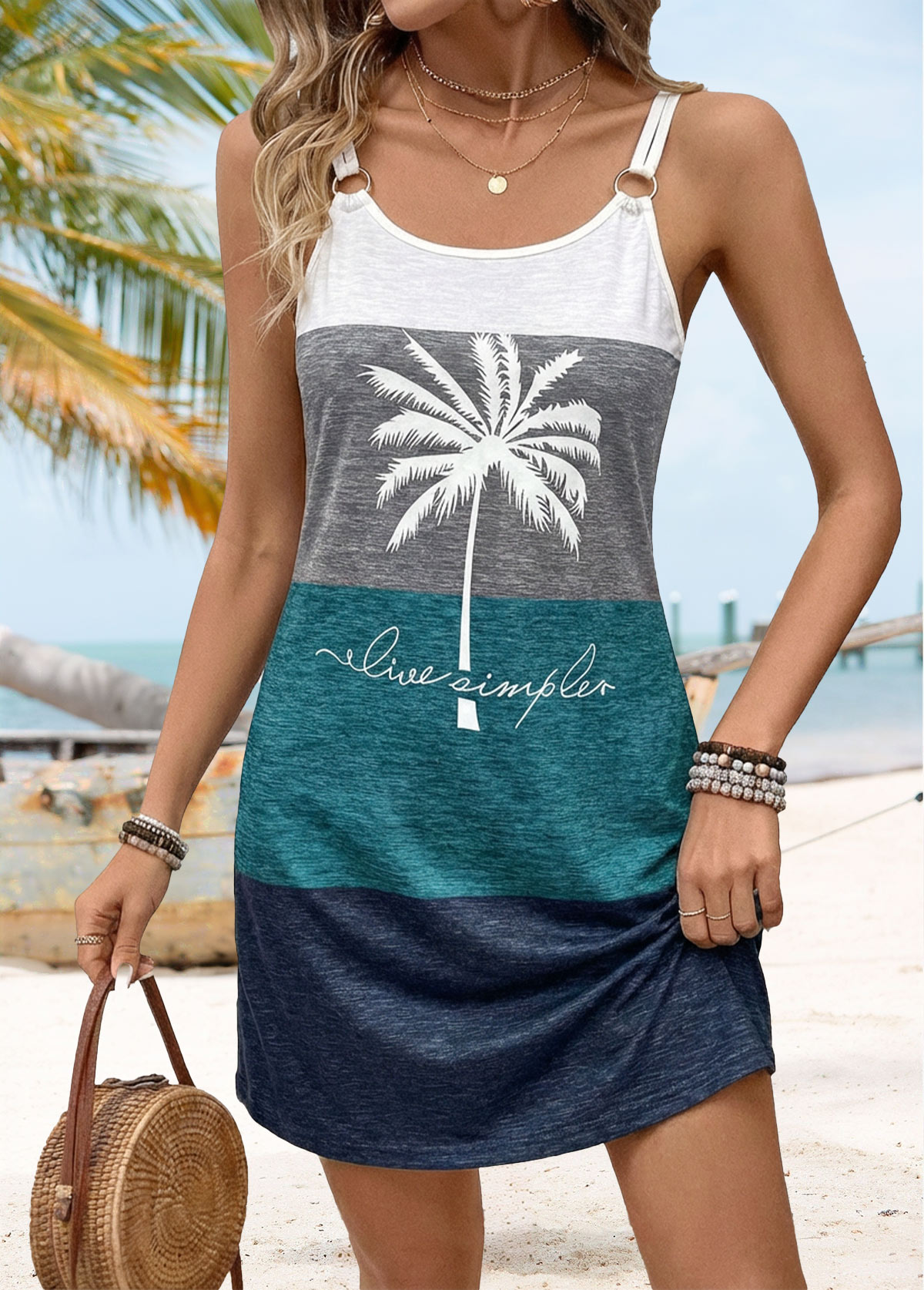 Multi Color Tummy Coverage Tropical Plants Print Short Dress | picture 