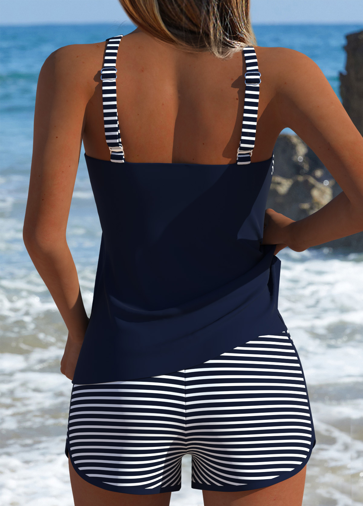 Tummy Coverage Mid Waisted Striped Navy Tankini Set | picture 