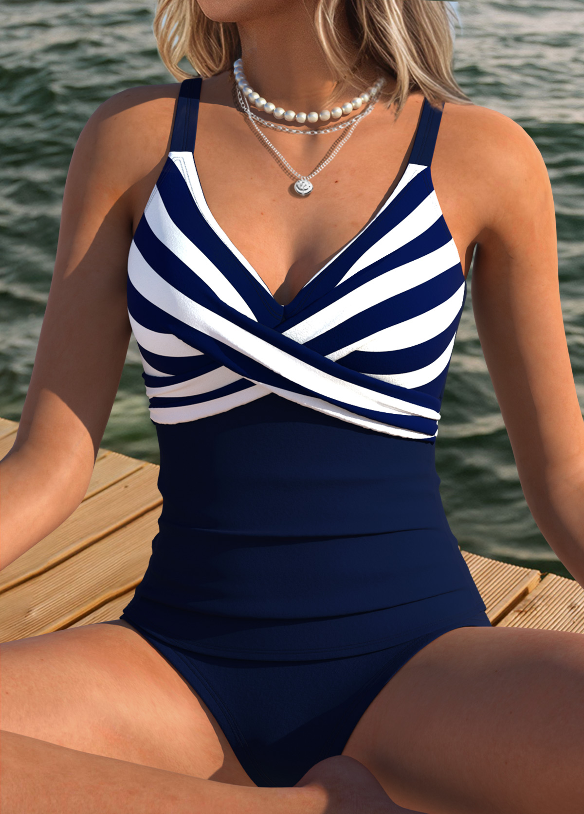 Tummy Coverage Mid Waisted Striped Navy Tankini Set | picture 