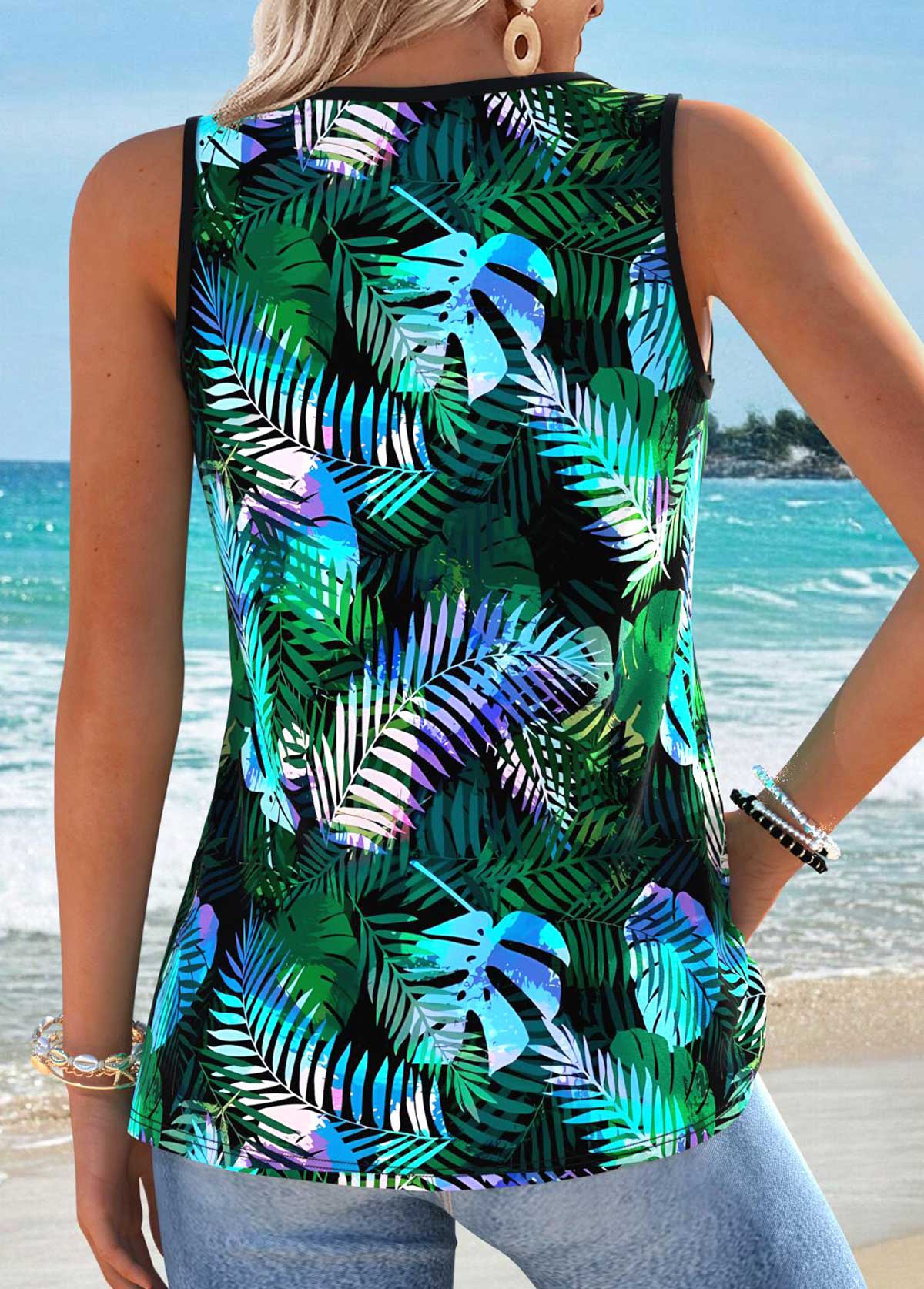 Multi Color Tummy Coverage Tropical Plants Print Tank Top | picture 
