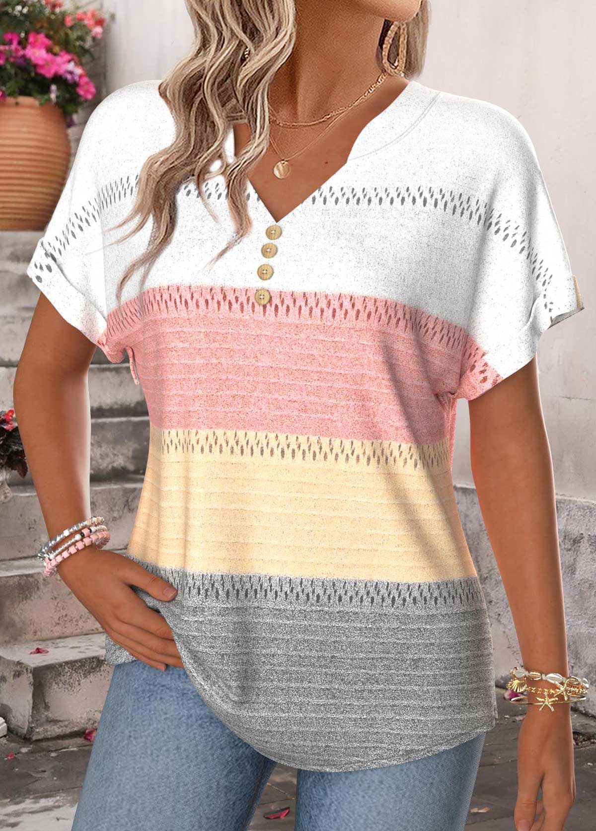 Multi Color Tummy Coverage Geometric Print T Shirt | picture 