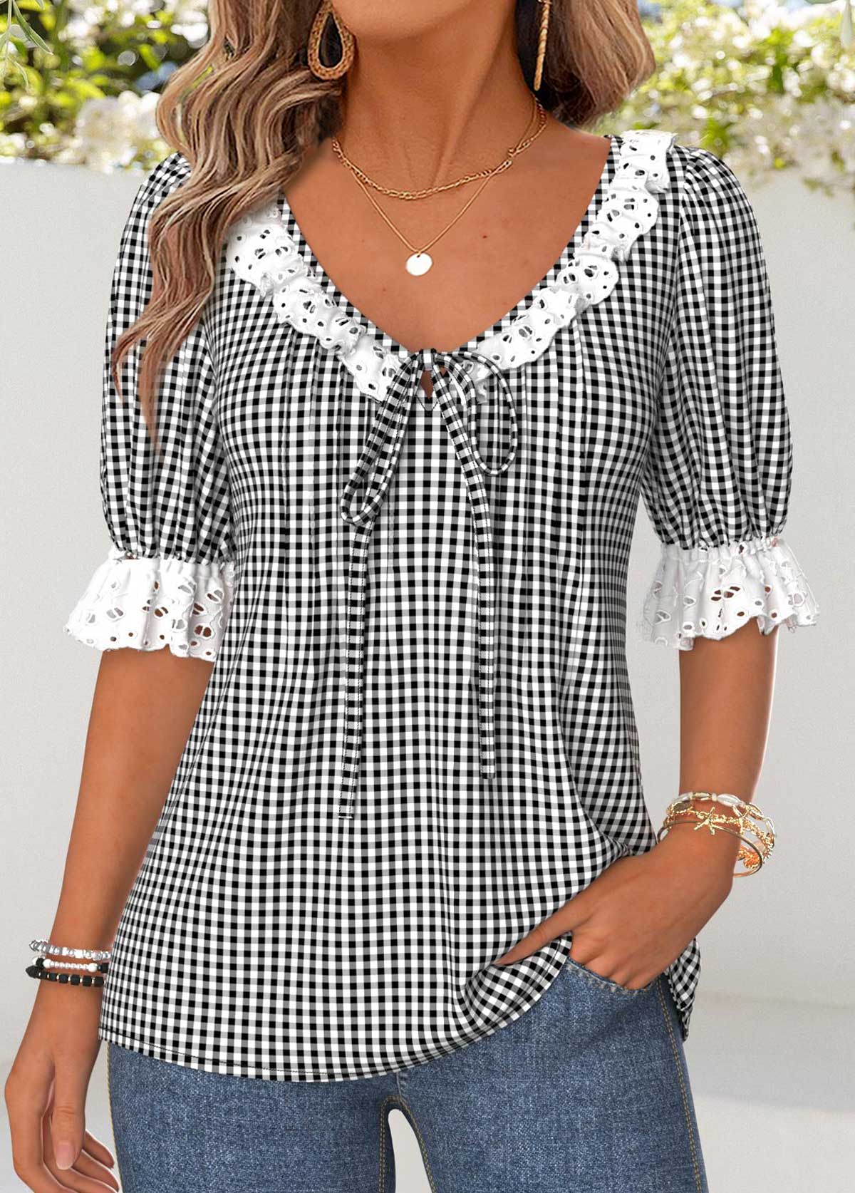 Black Tummy Coverage Gingham Print Short Sleeve Blouse | picture 