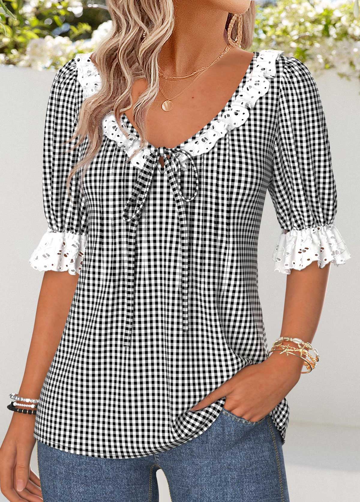 Black Tummy Coverage Gingham Print Short Sleeve Blouse | picture 