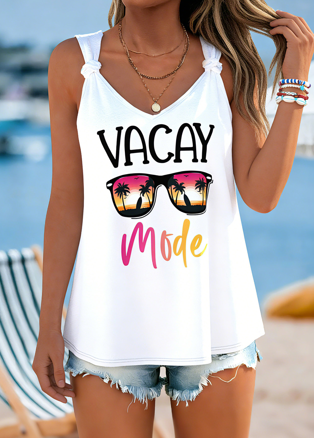 White Tie Letter Print Strappy V Neck Tank Top | picture 