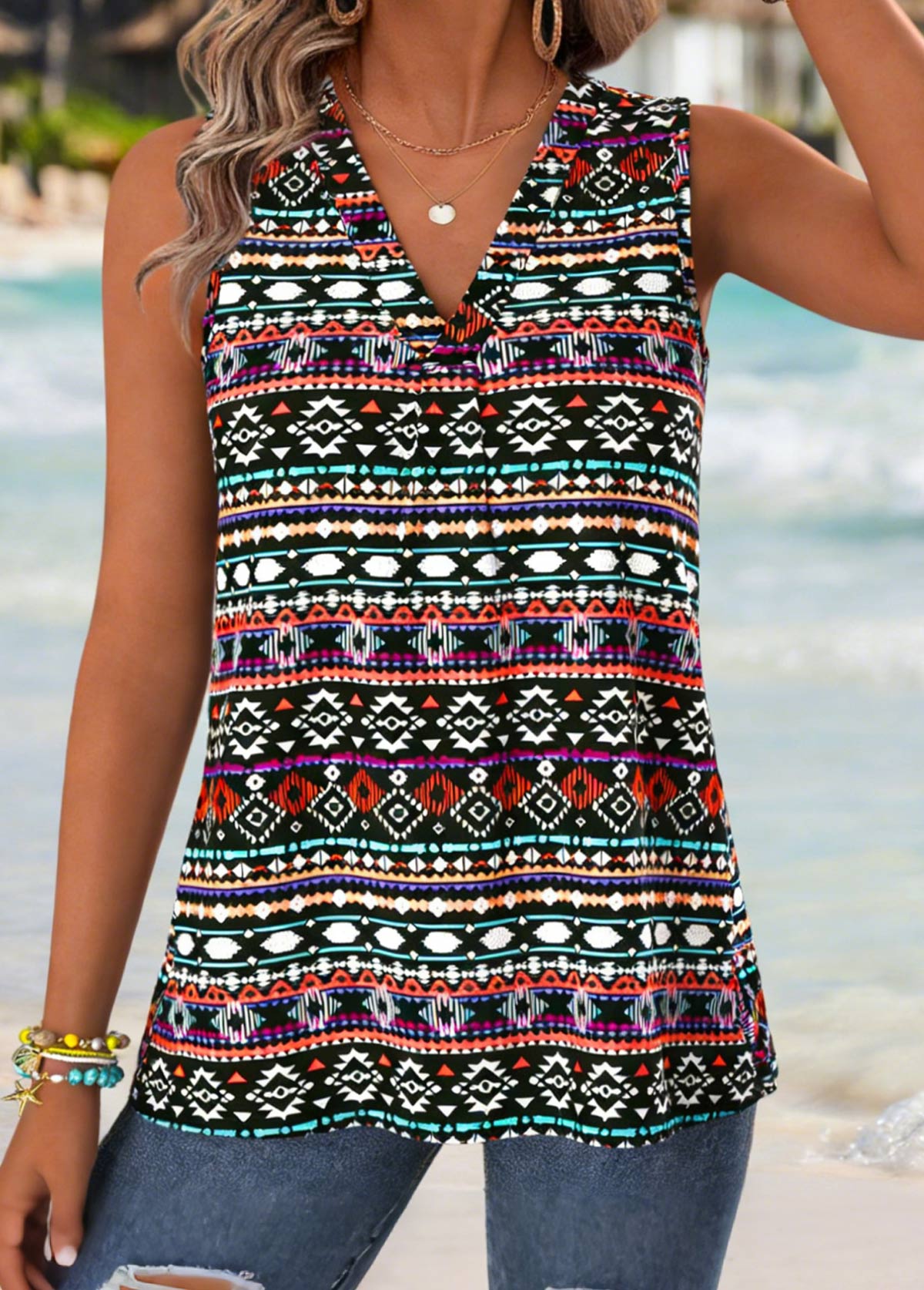 Multi Color Tribal Print Sleeveless V Neck Tank Top | picture 