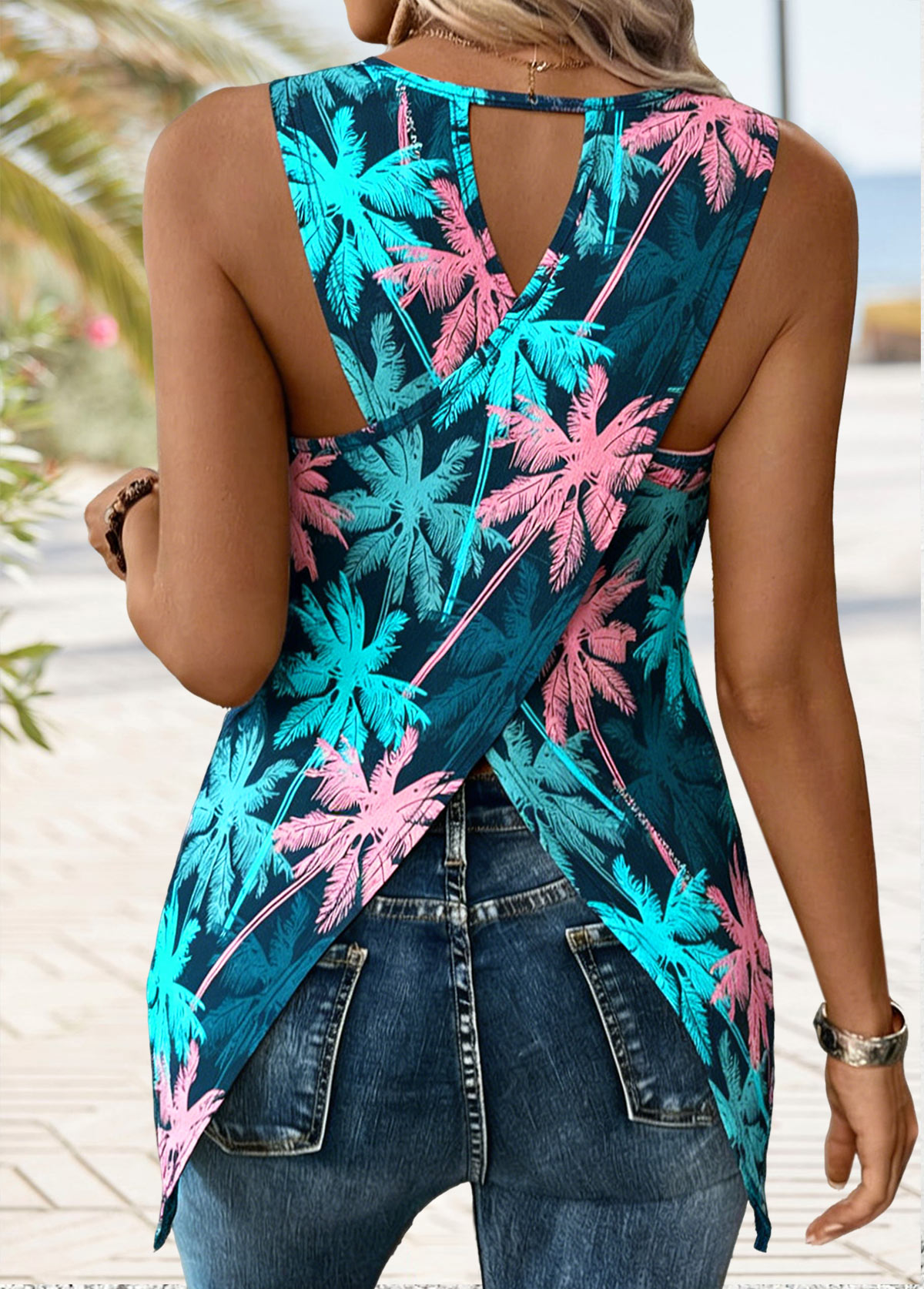 Multi Color Tropical Plants Print Tummy Coverage Tank Top | picture 