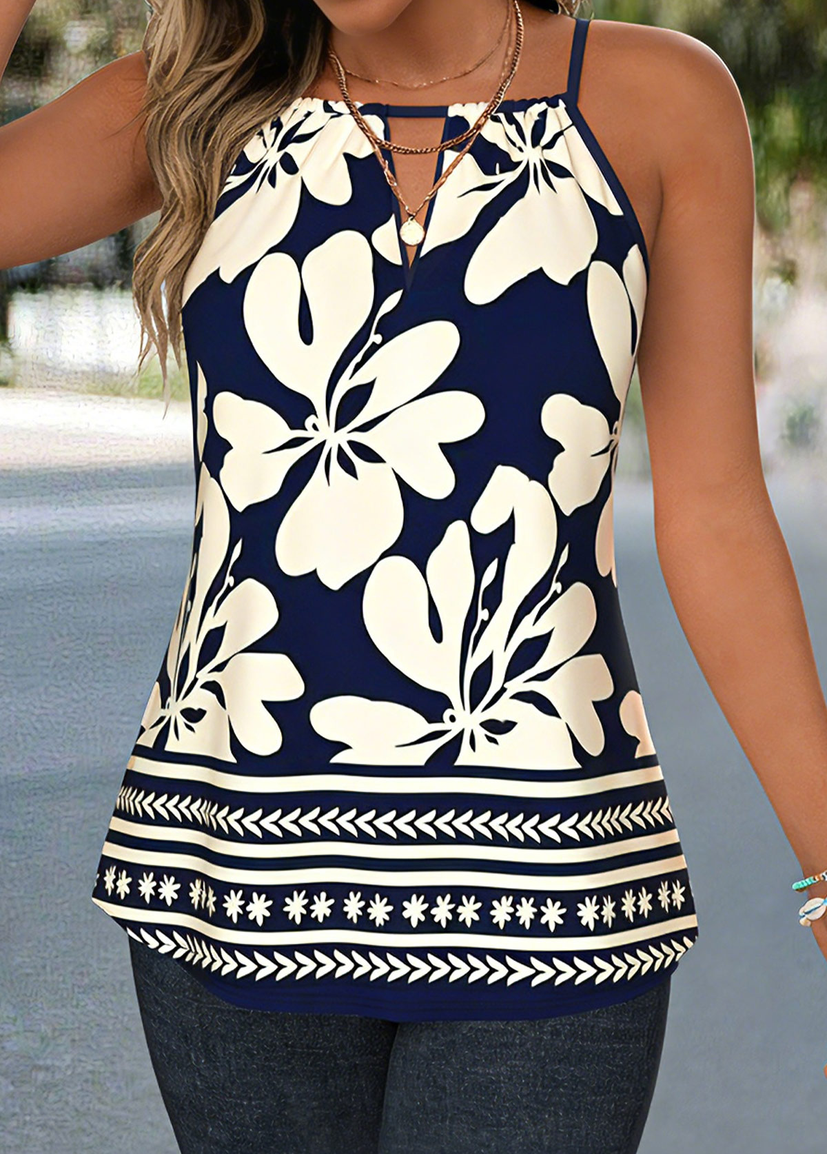 Navy Corset Floral Print Strappy Camisole Top | picture 