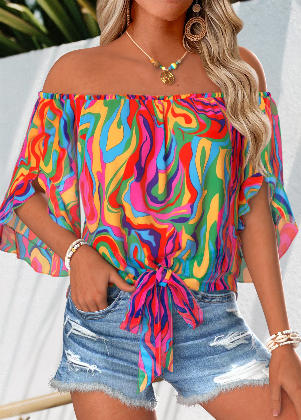 Multi Color Tie Striped Half Sleeve Off Shoulder Blouse | picture 