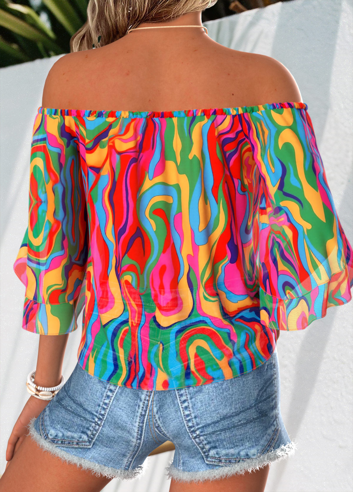 Multi Color Tie Striped Half Sleeve Off Shoulder Blouse | picture 