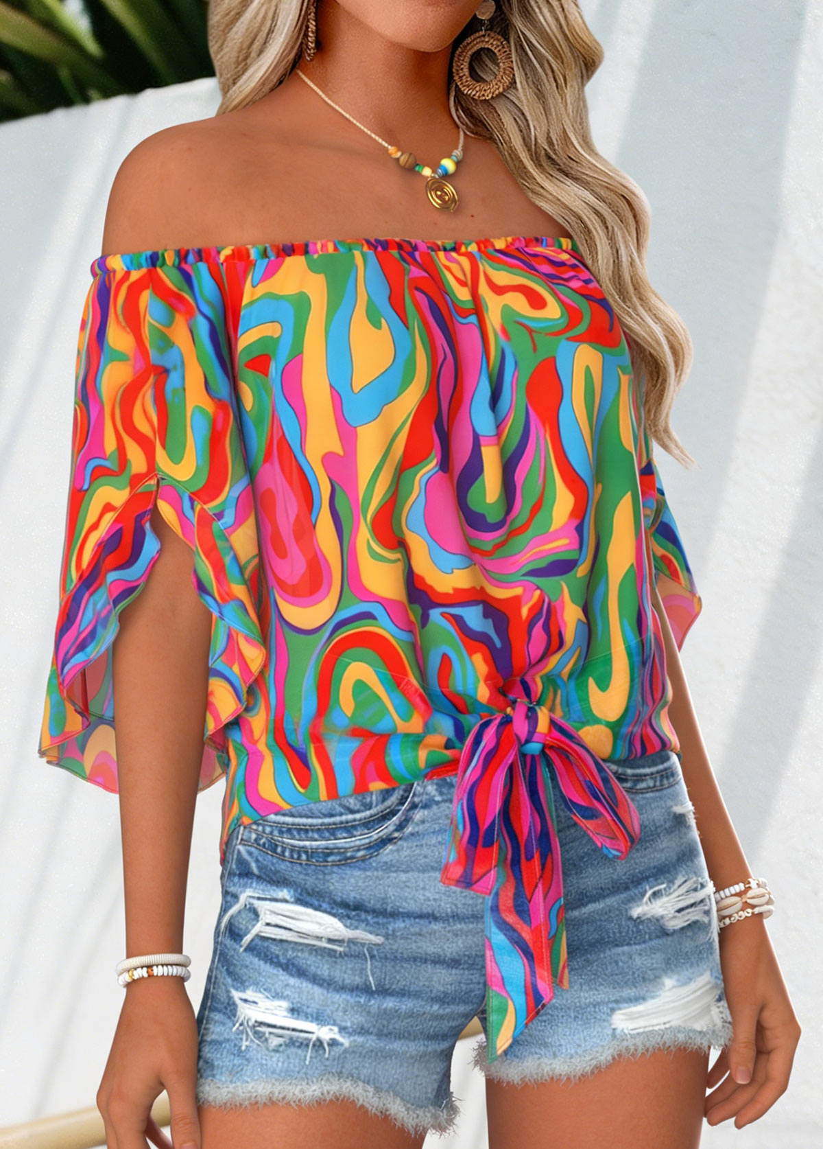 Multi Color Tie Striped Half Sleeve Off Shoulder Blouse | picture 