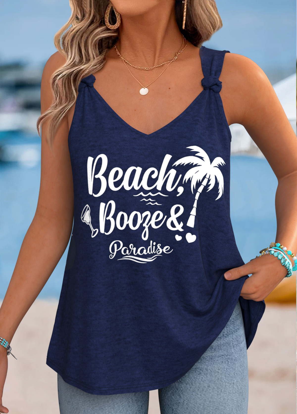 Navy Tie Tropical Plants Print Strappy Tank Top | picture 