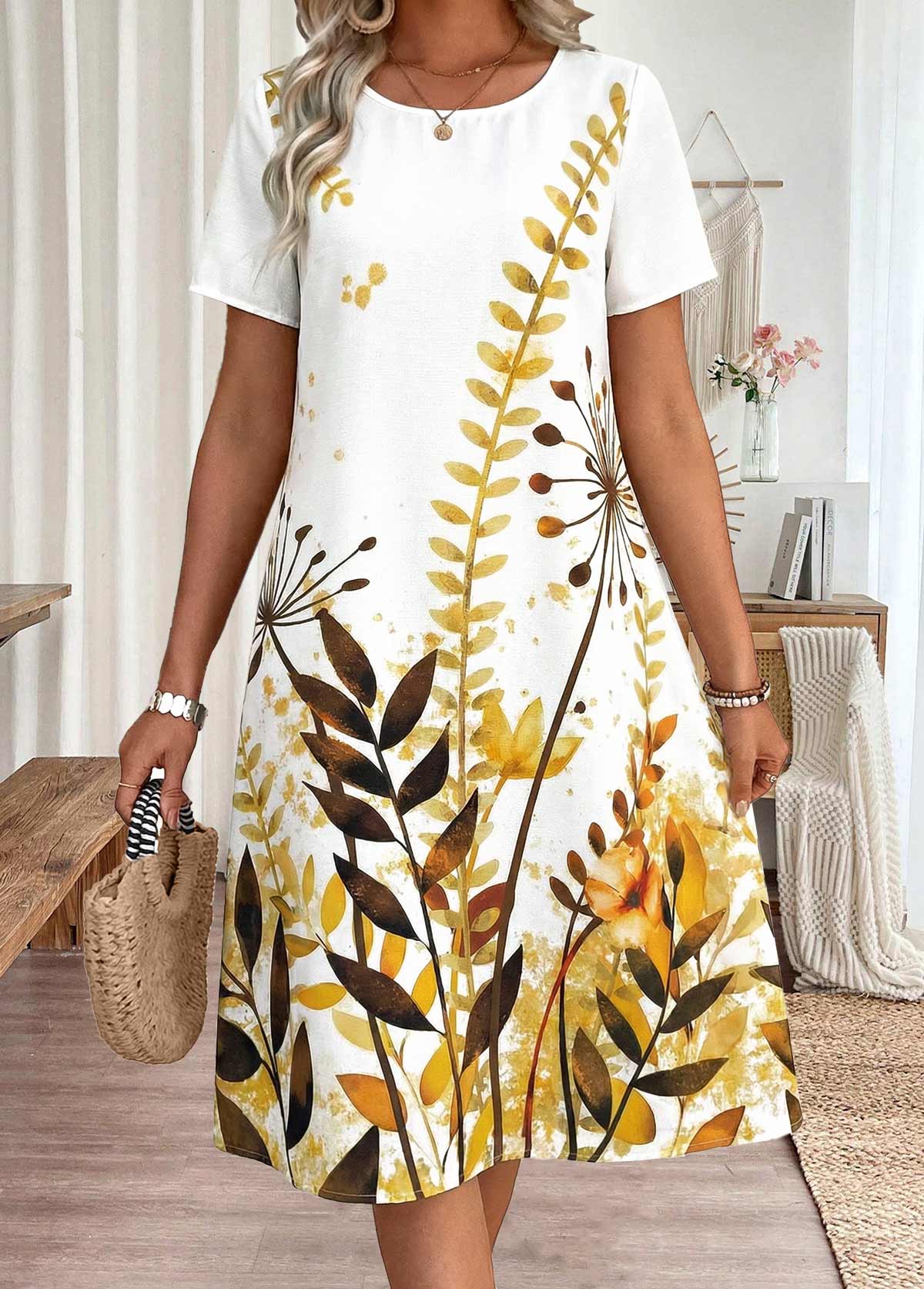 White Tummy Coverage Plants Print A Line Dress | picture 
