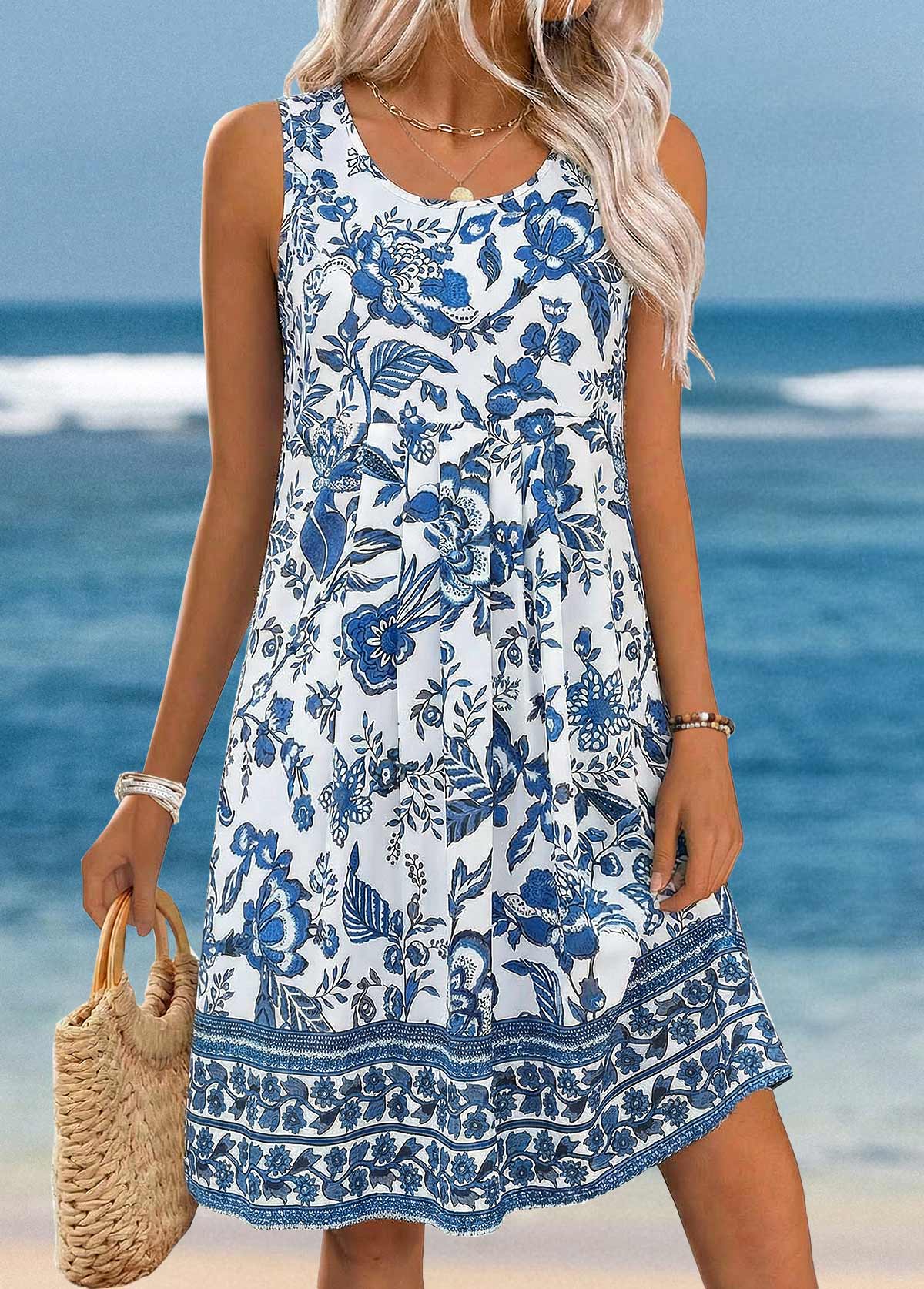 Blue Tummy Coverage Tribal Print Sleeveless Round Neck Dress | picture 