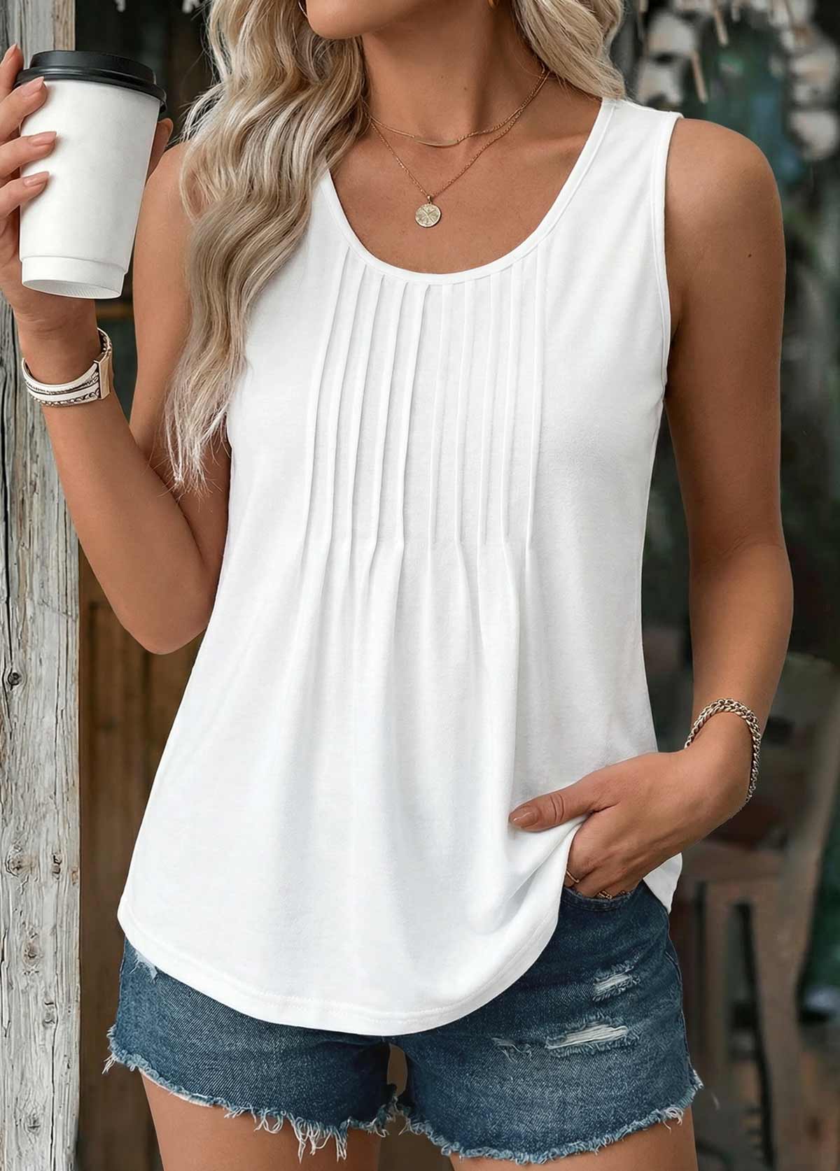 White Tuck Stitch Sleeveless Scoop Neck Tank Top | picture 