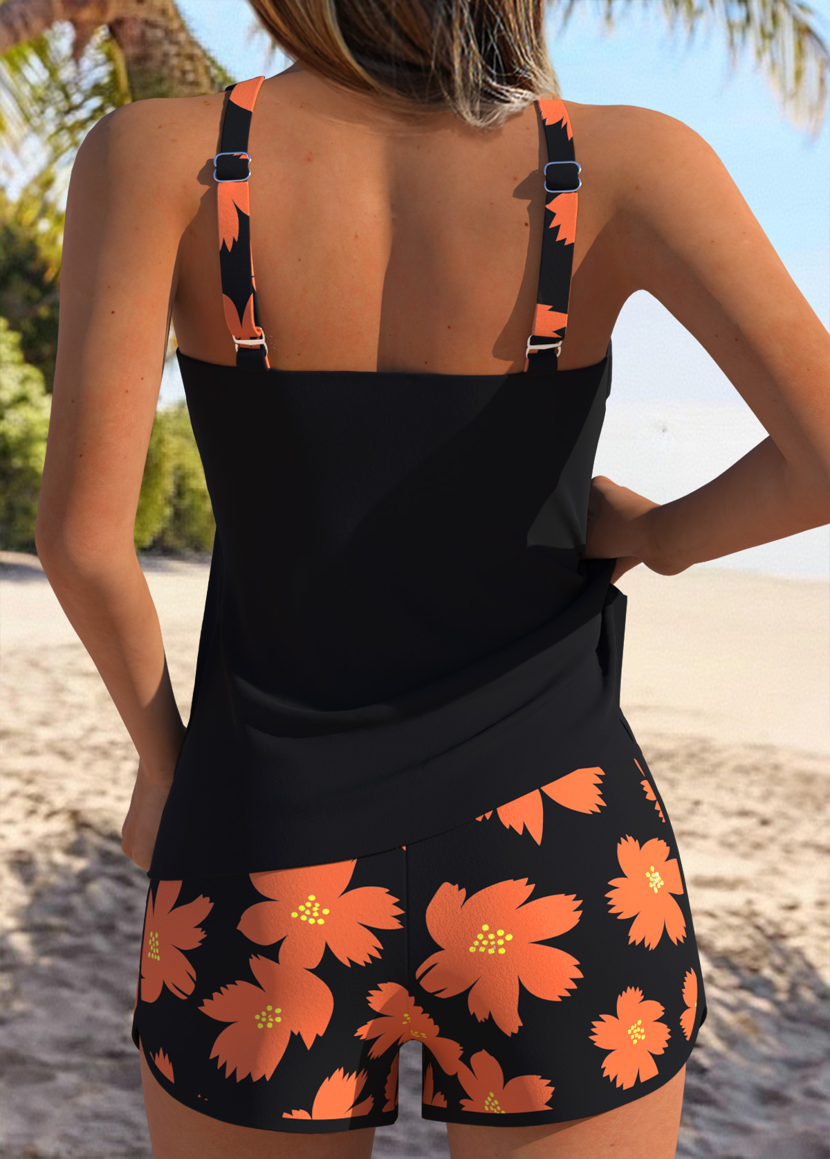 Tummy Coverage Mid Waisted Floral Print Black Tankini Set | picture 