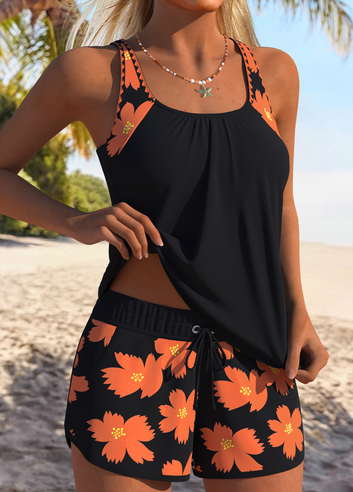 Tummy Coverage Mid Waisted Floral Print Black Tankini Set | picture 