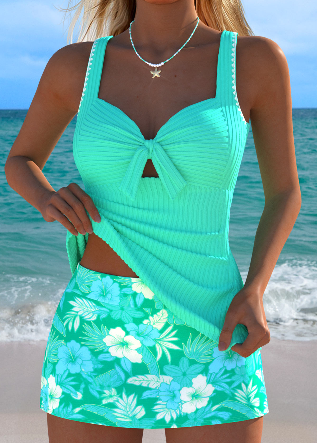 Tummy Coverage Mint Green Floral Print Tankini Set | picture 
