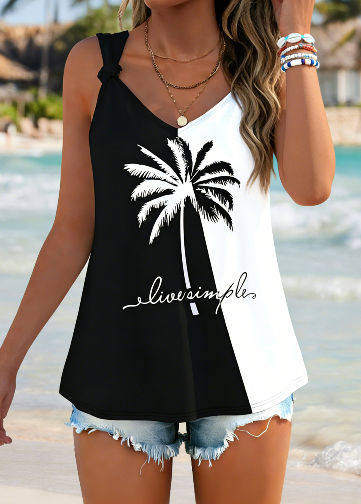 Black Tie Tropical Plants Print Strappy Tank Top | picture 