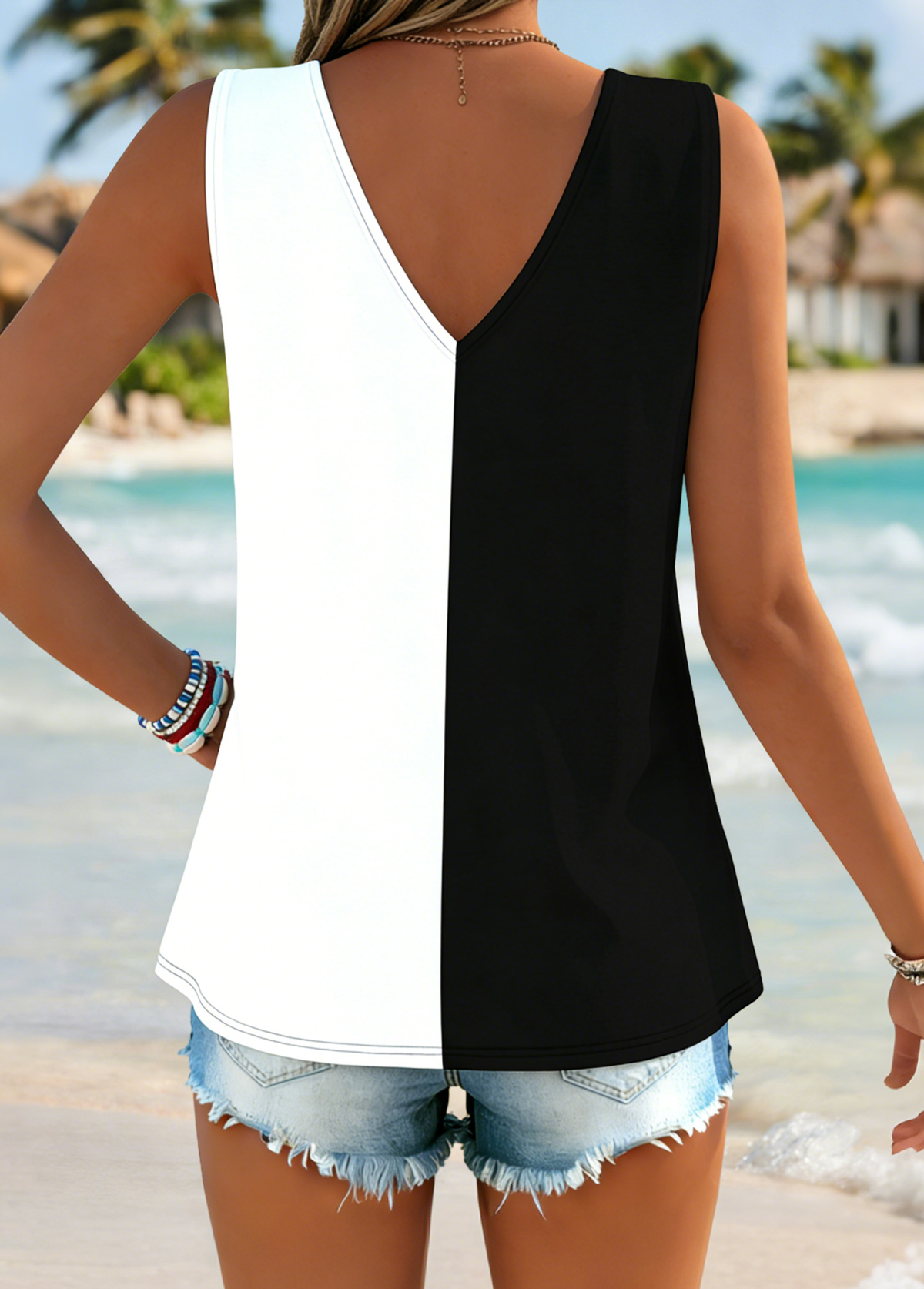 Black Tie Tropical Plants Print Strappy Tank Top | picture 