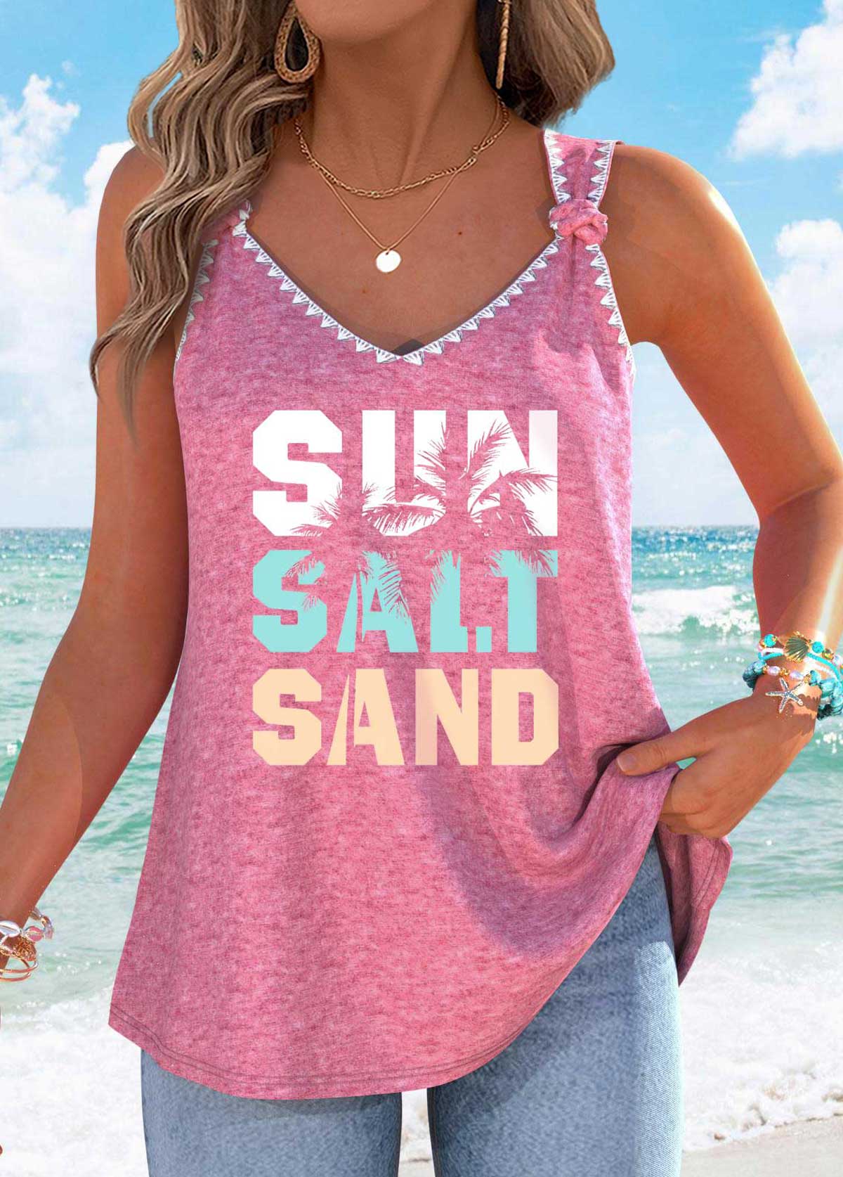 Pink Tummy Coverage Letter Print Strappy Tank Top | picture 