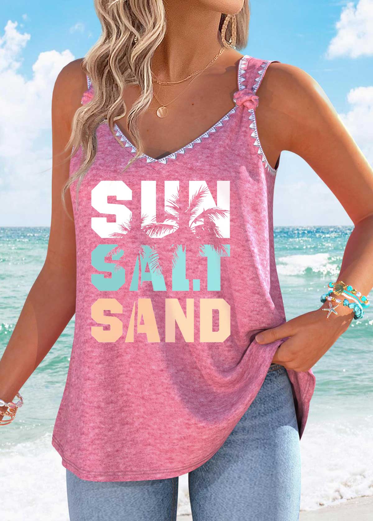 Pink Tummy Coverage Letter Print Strappy Tank Top | picture 