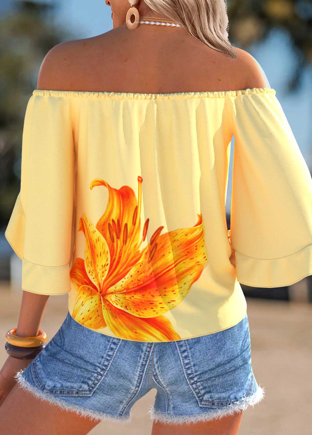 Light Yellow Tummy Coverage Floral Print Half Sleeve Blouse | picture 
