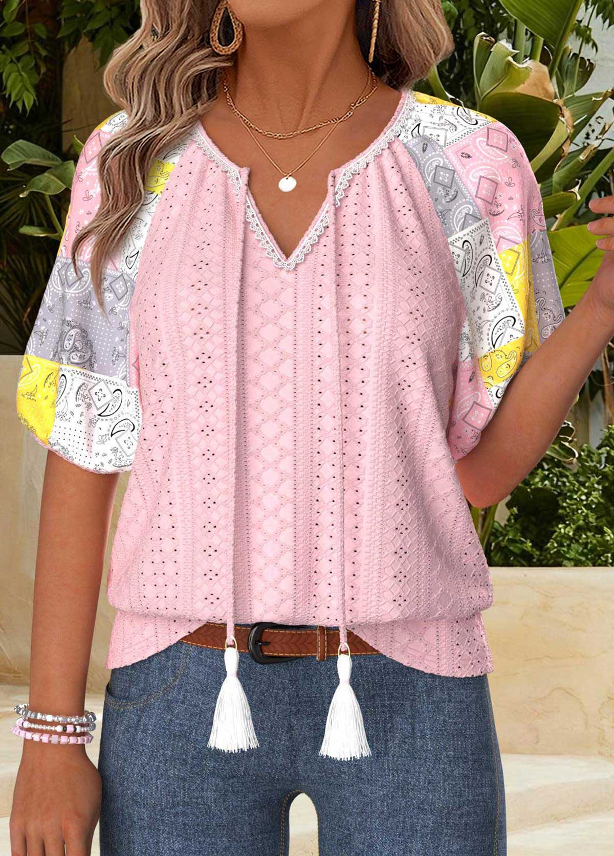Light Pink Tummy Coverage Patchwork Half Sleeve Blouse | picture 