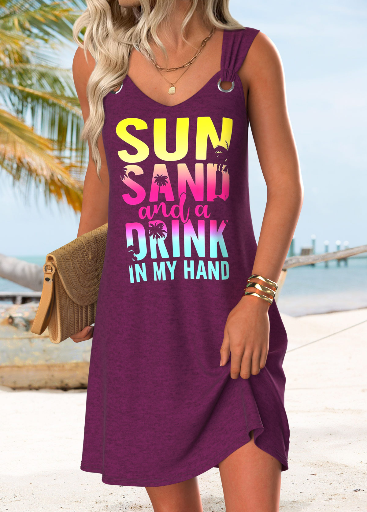 Dark Reddish Purple Tummy Coverage Letter Print Short Dress | picture 