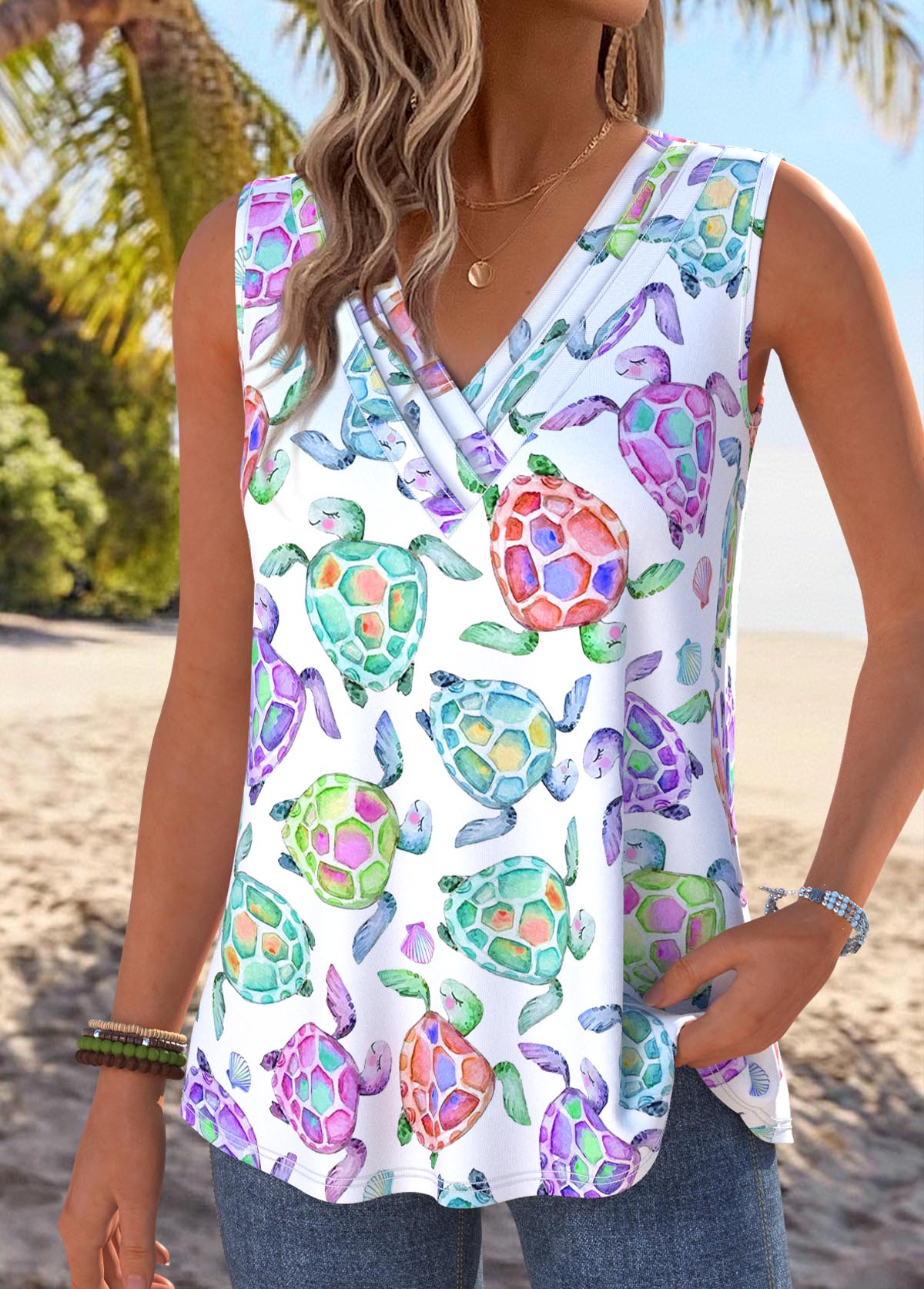 Multi Color Marine Life Print Sleeveless Tank Top | picture 