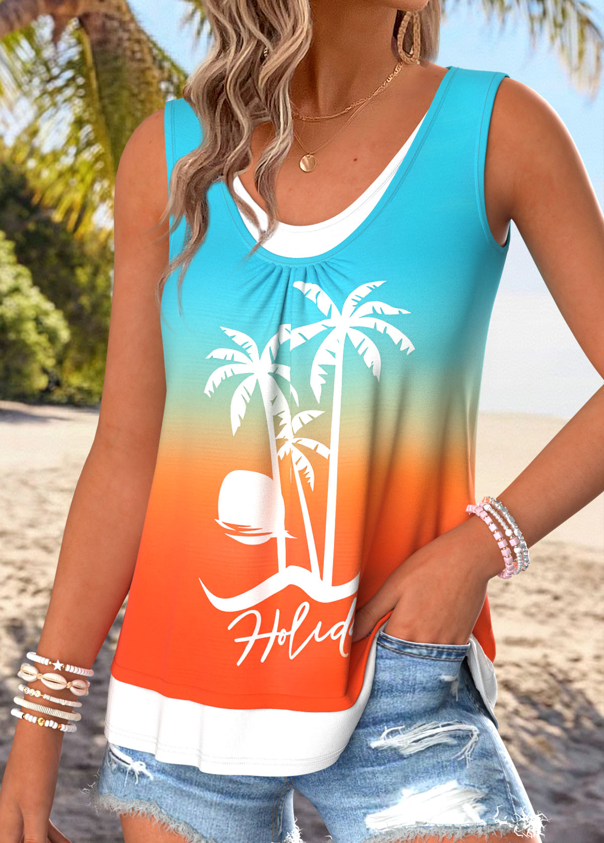 Hot Pink Fake 2in1 Ombre Sleeveless Tank Top | picture 