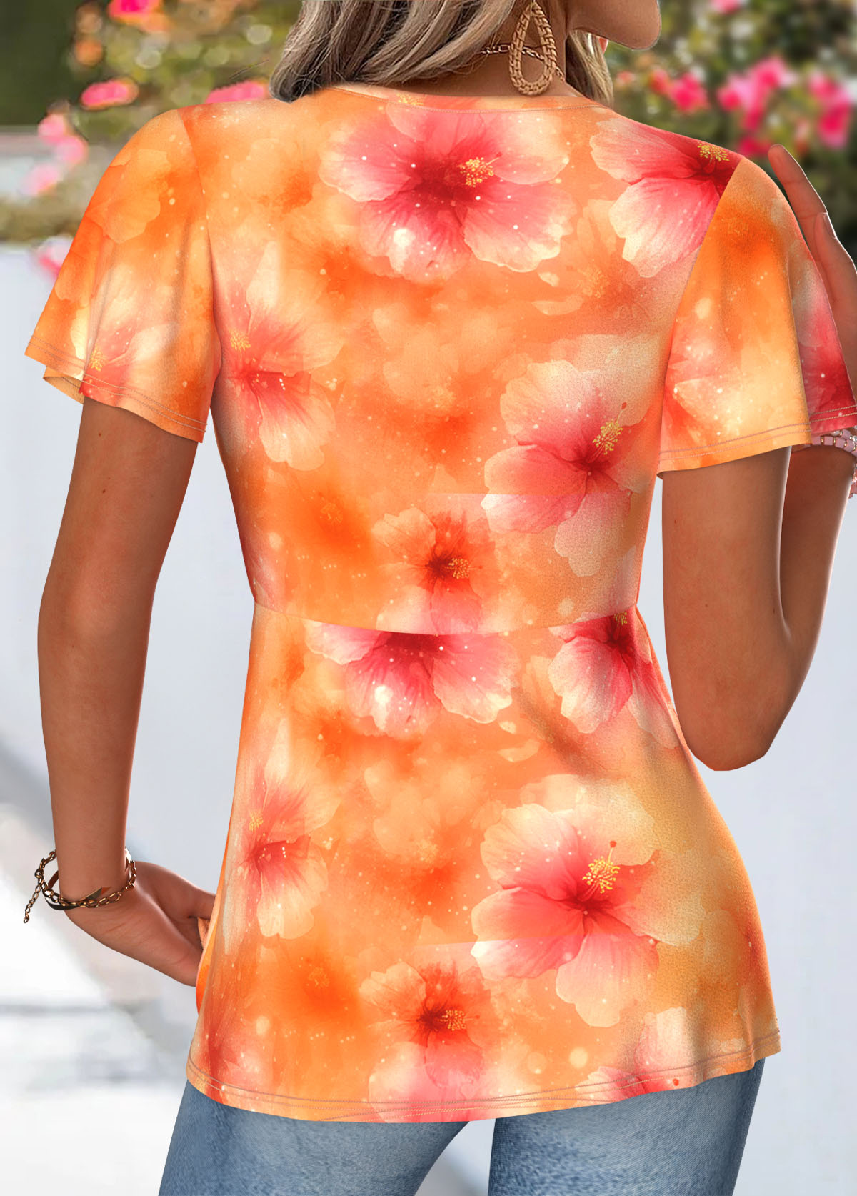 Orange Floral Print Twist Short Sleeve T Shirt | picture 